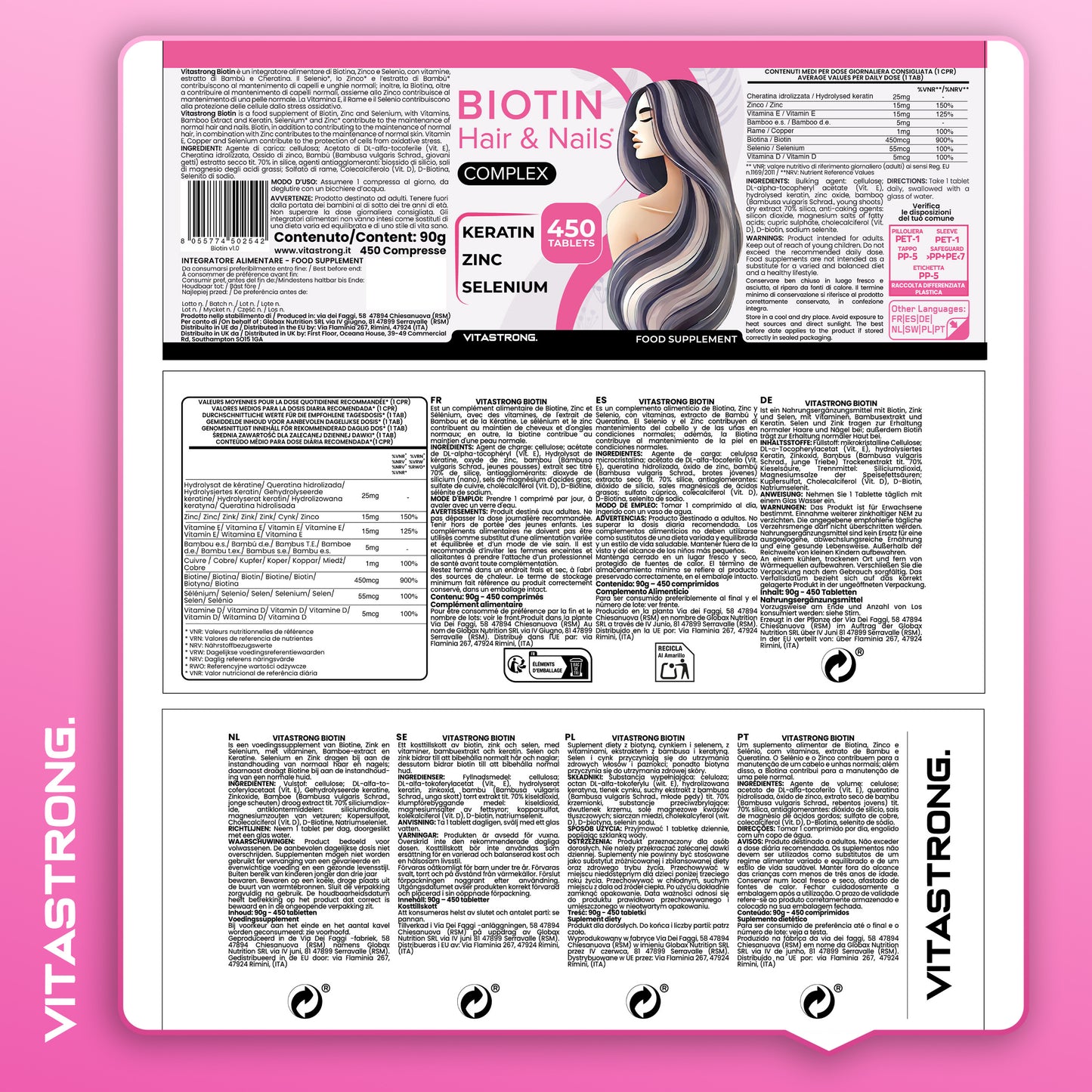 Vitastrong Biotin 450 High-Dose Tablets (15 Months) – Biotin Complex Premium with Keratin, Selenium, Zinc, Bamboo, Hair, Skin, and Nail Vitamins for Hair Growth