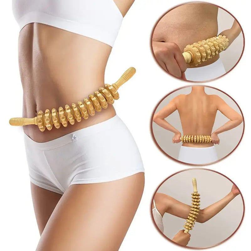 1pc Solid Wood Roller Massager - 12-Wheel Multifunctional Tool for Leg, Hand, and Back, Enhances Meridian Health, Ideal for Full Body