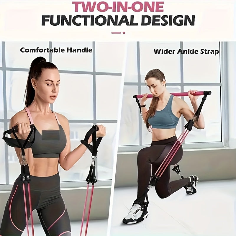 8pcs Set - Pilates Bar Kit with 4 Resistance Bands (63.5 KG) Portable Home Gym Fitness Equipment Set with Ankle Straps And Portable Drawstring Backpack for Men And Women Fitness Workout