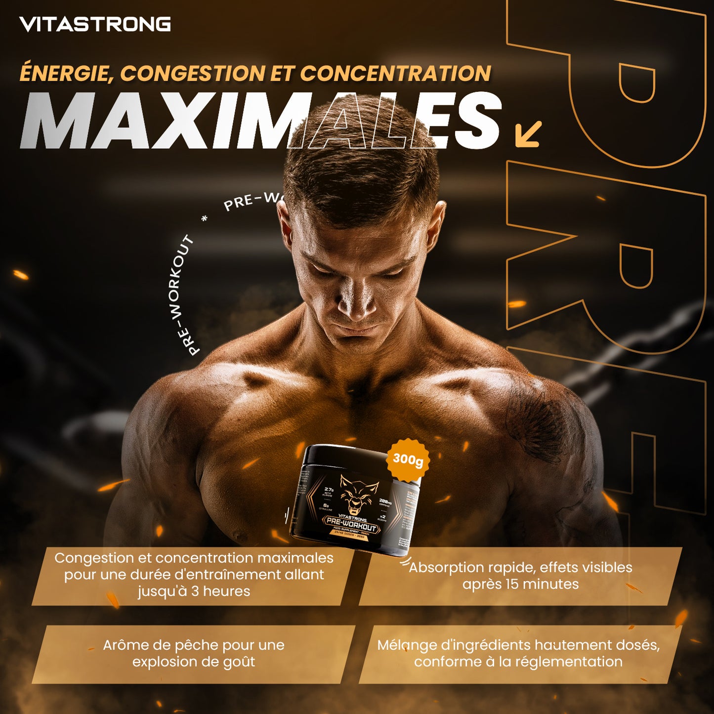 Powerful Pre-Workout Booster 300g Peach Flavor, Vegan Preworkout with Vitamin B12, Citrulline, Beta Alanine, Caffeine, Taurine, AstraGin, Vitastrong (24 Servings, 1 Pack)