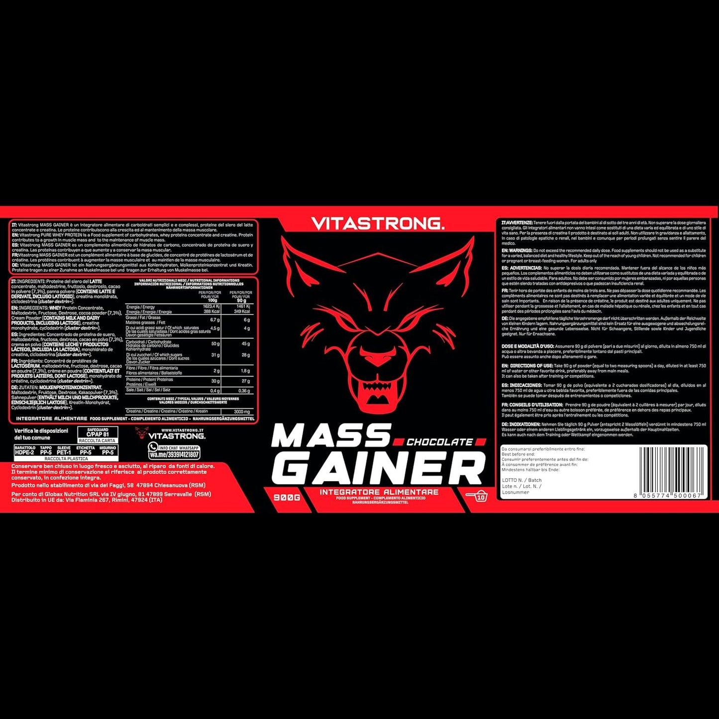 Vitastrong Mass Gainer, 30% Protein Powder, High Calorie, Maltodextrin, Cluster Dextrin, 3g Creatine Monohydrate, Muscle Gaining Supplement for Men & Women, Chocolate Flavor