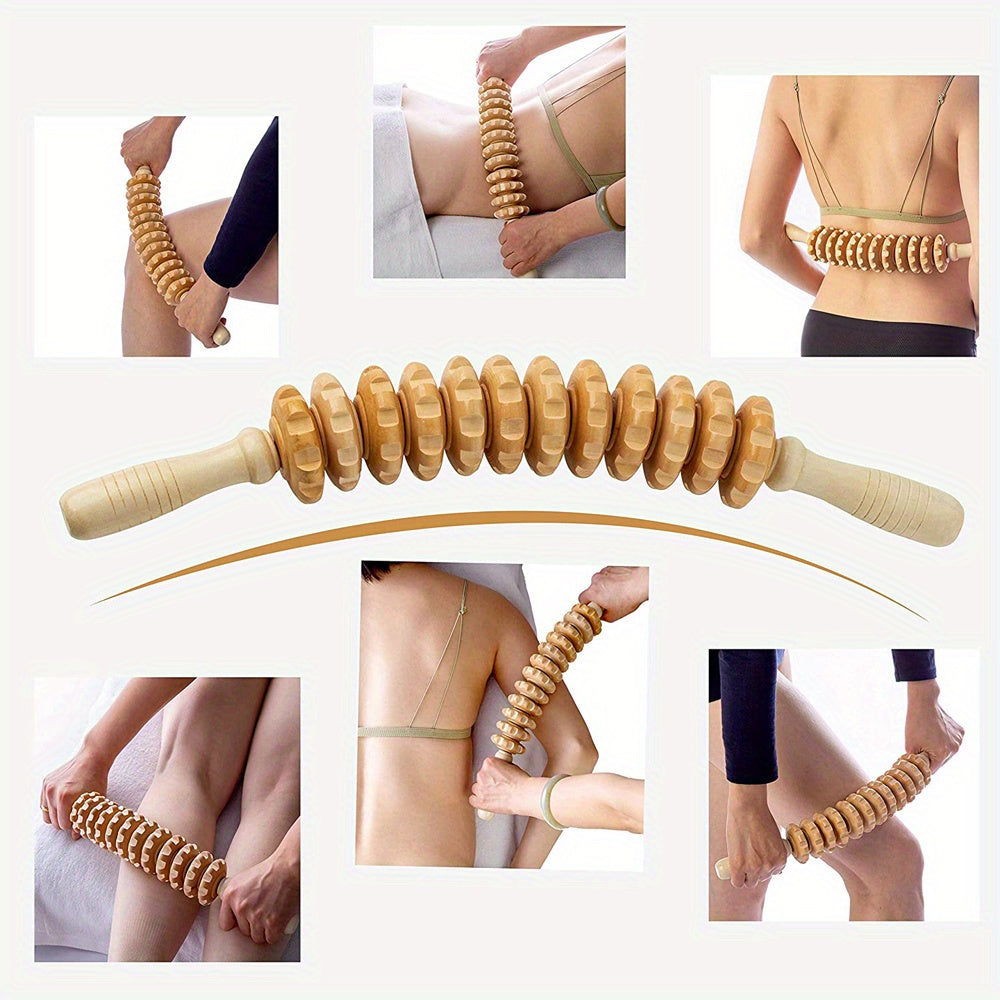 1pc Solid Wood Roller Massager - 12-Wheel Multifunctional Tool for Leg, Hand, and Back, Enhances Meridian Health, Ideal for Full Body