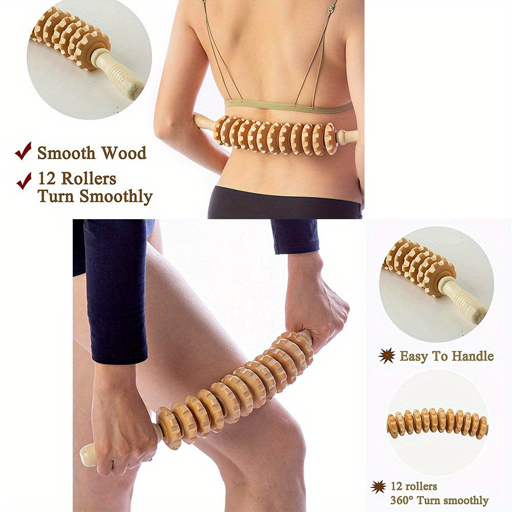 1pc Solid Wood Roller Massager - 12-Wheel Multifunctional Tool for Leg, Hand, and Back, Enhances Meridian Health, Ideal for Full Body