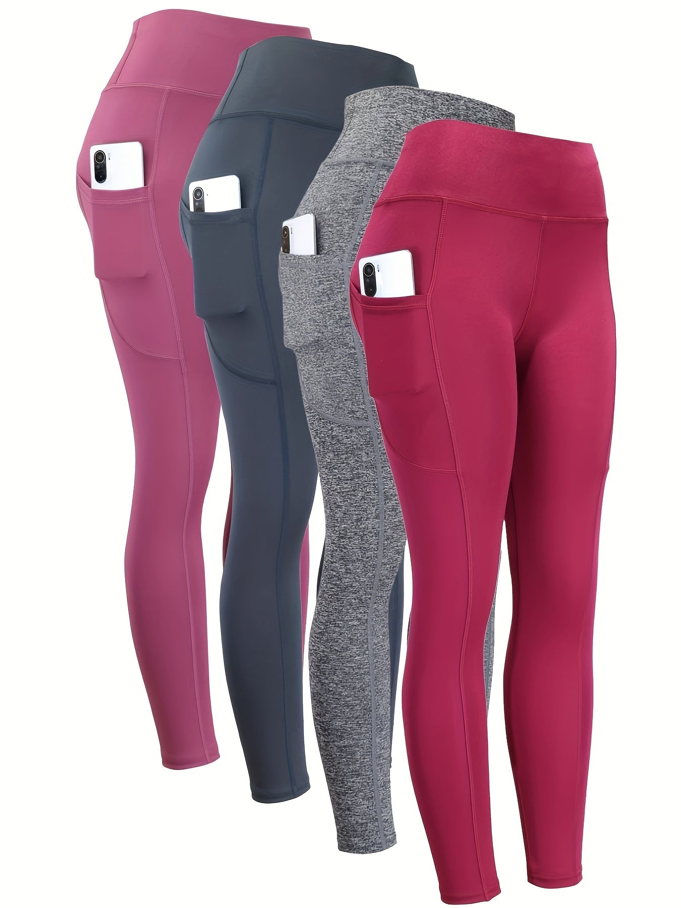 4pcs High Waist Yoga Leggings With Pocket For Women, Solid Color, Tight Fit, Women's Activewear