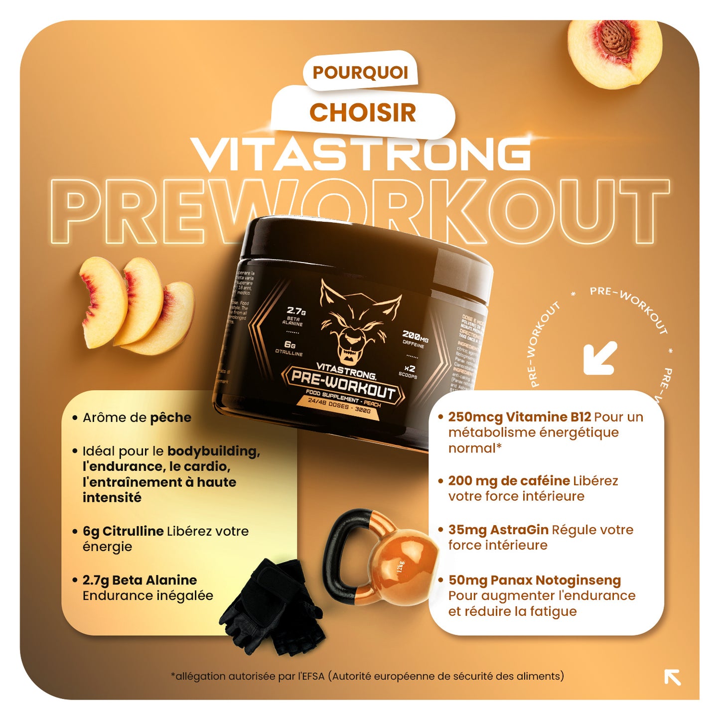 Powerful Pre-Workout Booster 300g Peach Flavor, Vegan Preworkout with Vitamin B12, Citrulline, Beta Alanine, Caffeine, Taurine, AstraGin, Vitastrong (24 Servings, 1 Pack)