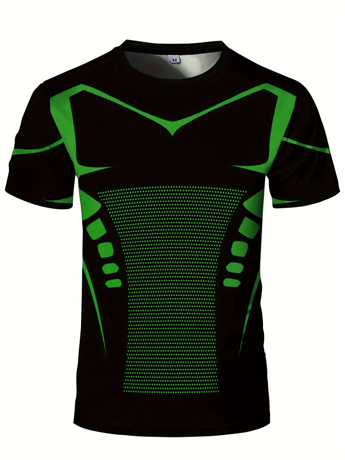 Men'S High Elasticity Quick Dry Sports T-Shirt, Geometric-Patterned Polyester Knit Fabric, Crew Neck Short Sleeve Tear Resistant Top for Running, Yoga, Hiking & Outdoor Activities - Summer Casual Fit