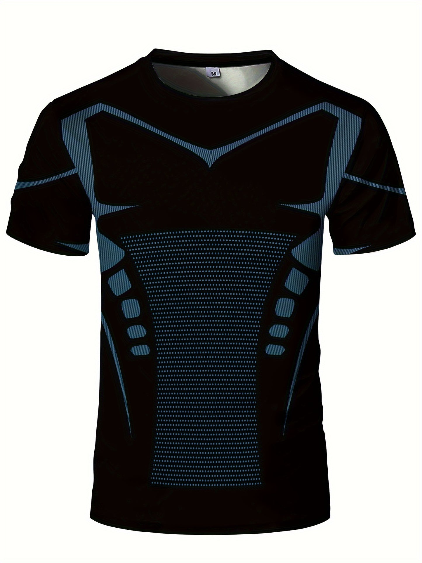 Men'S High Elasticity Quick Dry Sports T-Shirt, Geometric-Patterned Polyester Knit Fabric, Crew Neck Short Sleeve Tear Resistant Top for Running, Yoga, Hiking & Outdoor Activities - Summer Casual Fit