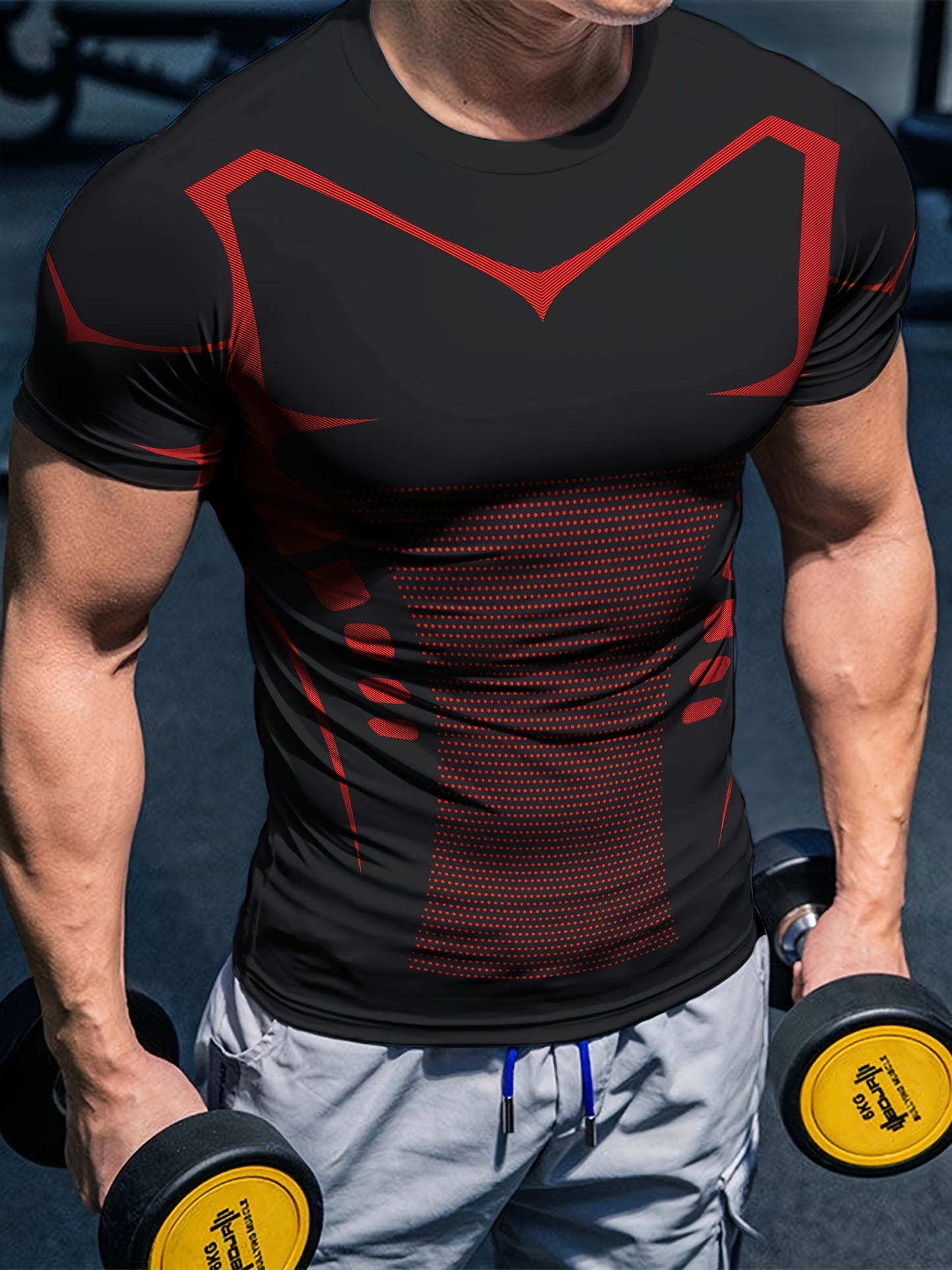 Men'S High Elasticity Quick Dry Sports T-Shirt, Geometric-Patterned Polyester Knit Fabric, Crew Neck Short Sleeve Tear Resistant Top for Running, Yoga, Hiking & Outdoor Activities - Summer Casual Fit
