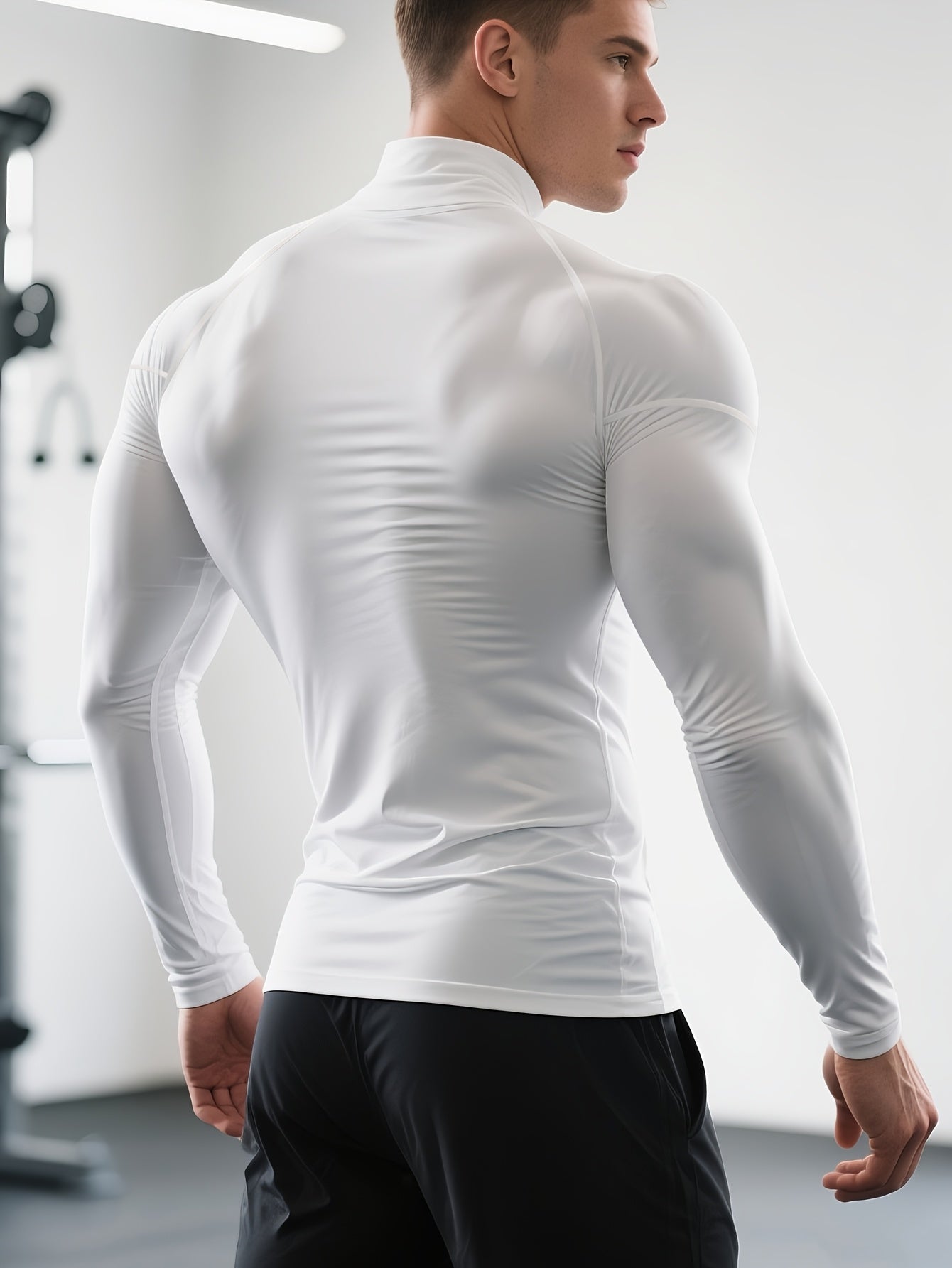 Men's Quick-Dry Stretch Fitness Shirt - High Neck Long Sleeve Workout Top, Tight-Fit Gym & Boxing Shirt for All Seasons, Moisture-Wicking Athletic Performance Apparel, Gym Clothes, Training Top, Sporty Look, Stretchy Fabric,