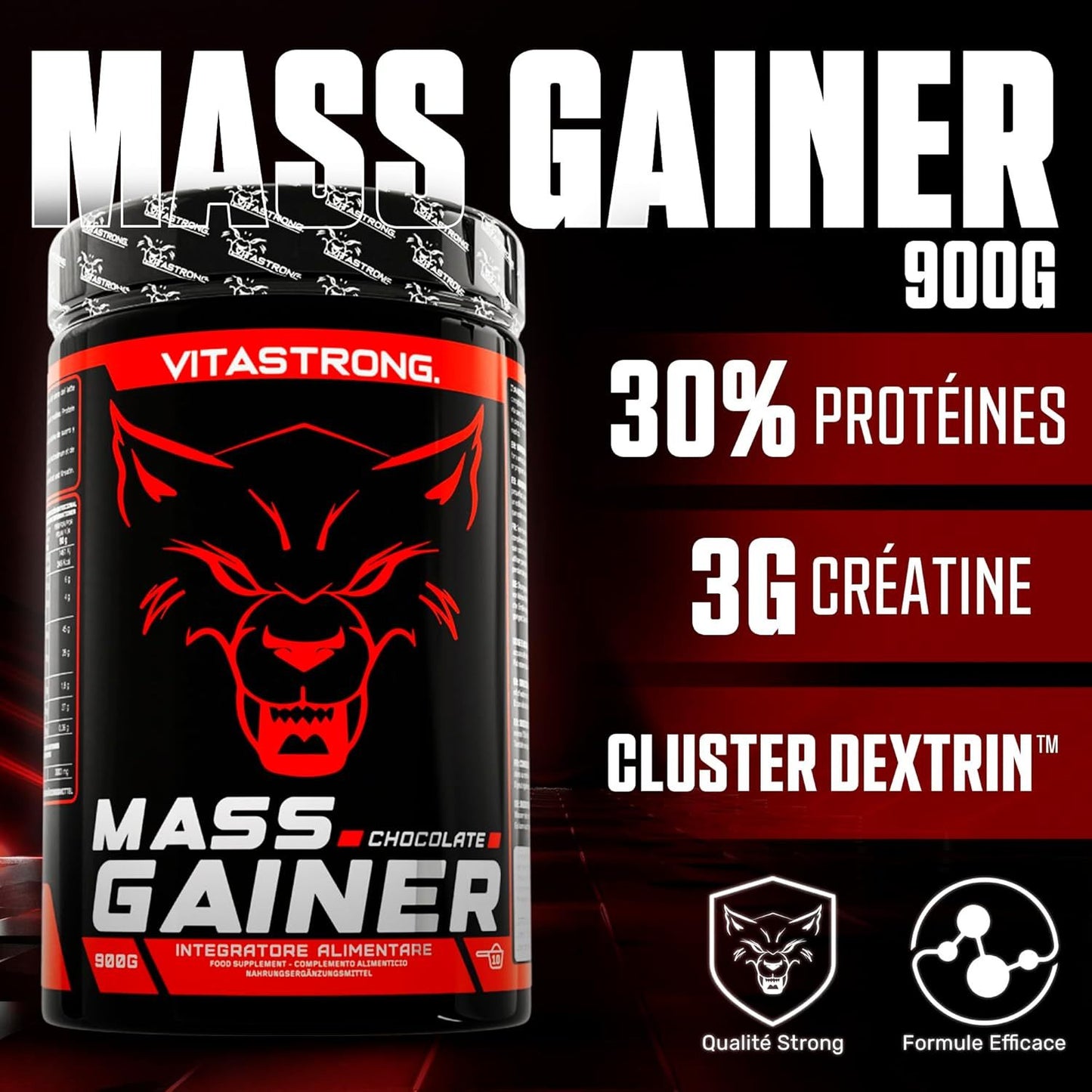 Vitastrong Mass Gainer, 30% Protein Powder, High Calorie, Maltodextrin, Cluster Dextrin, 3g Creatine Monohydrate, Muscle Gaining Supplement for Men & Women, Chocolate Flavor