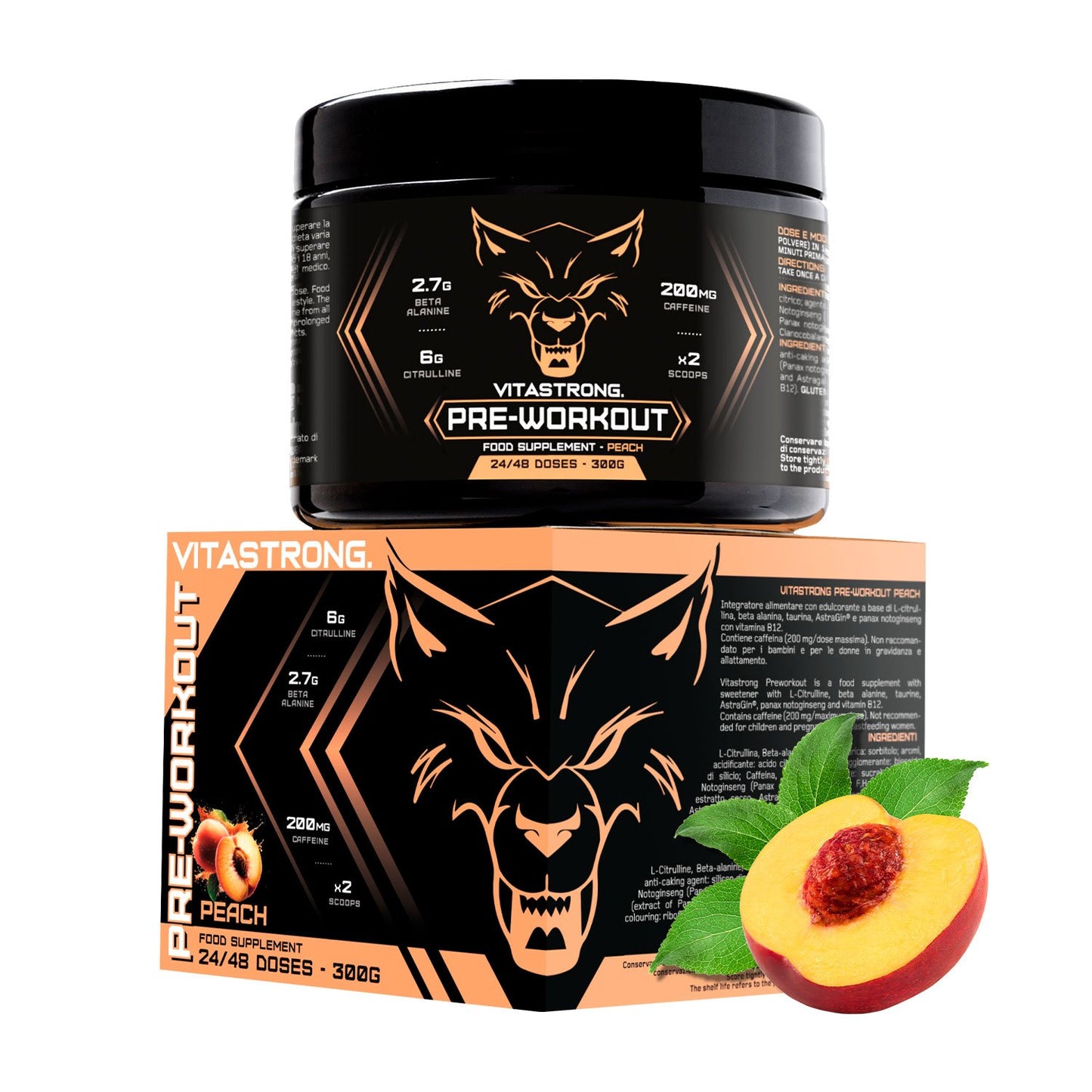 Powerful Pre-Workout Booster 300g Peach Flavor, Vegan Preworkout with Vitamin B12, Citrulline, Beta Alanine, Caffeine, Taurine, AstraGin, Vitastrong (24 Servings, 1 Pack)