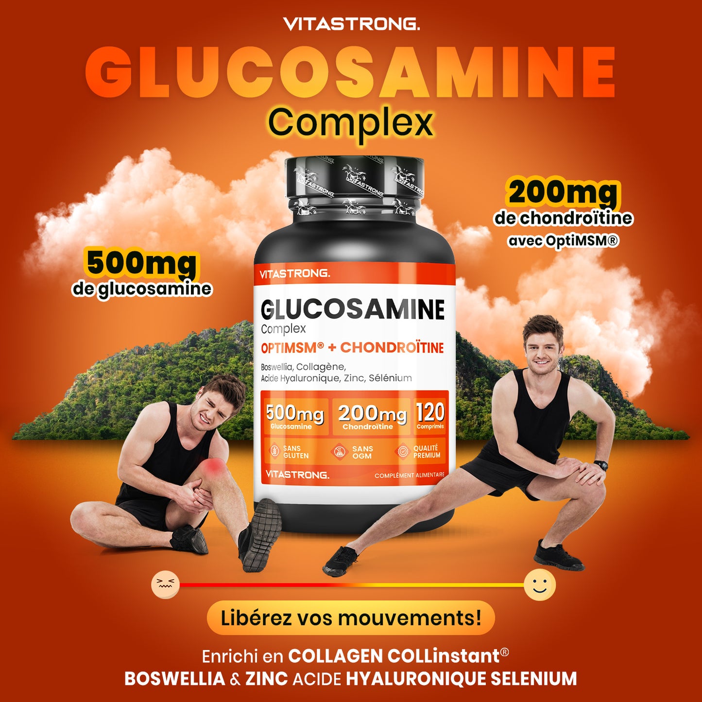 Vitastrong Glucosamine Chondroitin with MSM, Collagen, Hyaluronic Acid, Zinc, Selenium, Manganese, Boswellia for Bones, Joints, Cartilage, Premium Natural Chondroitin Glucosamine Complex