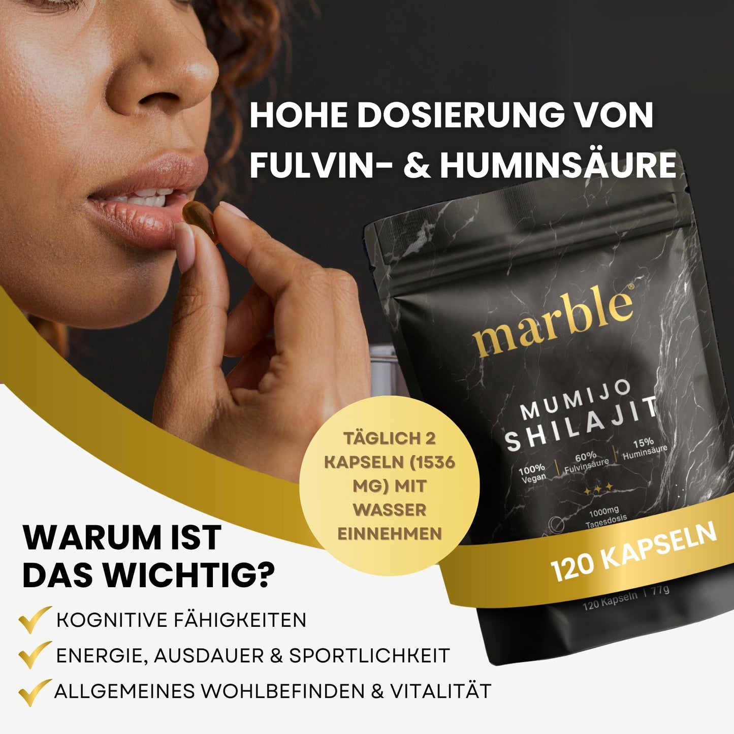Marble® Shilajit Original Himalayan Capsules with MCT Oil - Mumijo Shilajit 120 Pieces Ultra High Dose in a Bag - 1536 mg Daily Dose Vegan - Filled & Lab Tested in Germany - Made in Germany