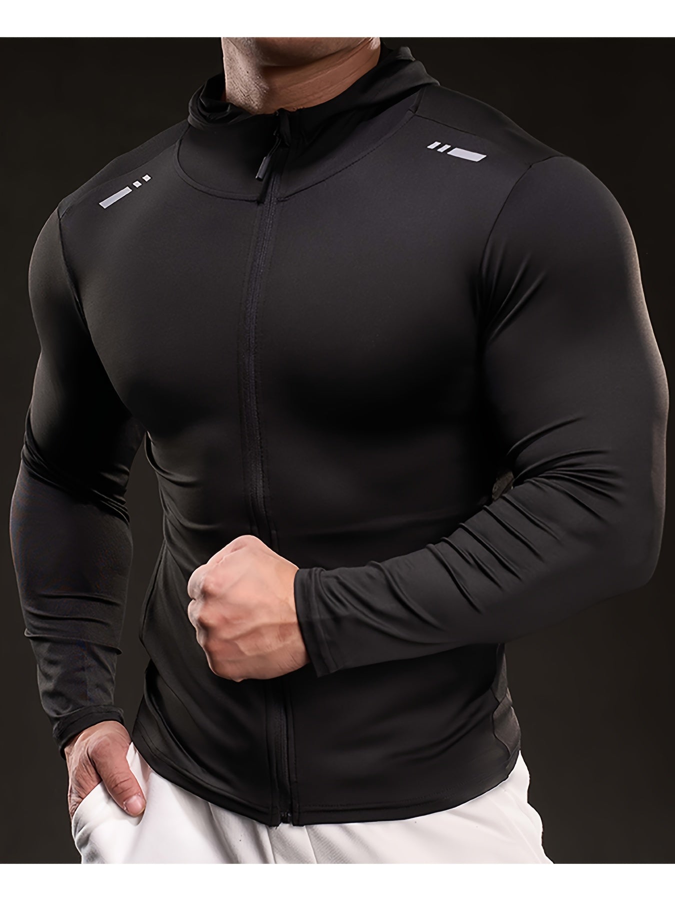 Men'S Black Ice Slicky Fiber Hoodie - Long Sleeve, High-Stretch, Zip-Up Sports Top with Zipper Pockets, Perfect for Fitness & Outdoor Activities, Outdoor Sports Top|Zippered Hoodie|Stretchy Fabric
