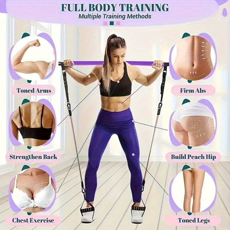 8pcs Set - Pilates Bar Kit with 4 Resistance Bands (63.5 KG) Portable Home Gym Fitness Equipment Set with Ankle Straps And Portable Drawstring Backpack for Men And Women Fitness Workout