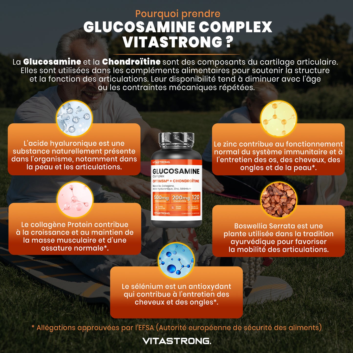 Vitastrong Glucosamine Chondroitin with MSM, Collagen, Hyaluronic Acid, Zinc, Selenium, Manganese, Boswellia for Bones, Joints, Cartilage, Premium Natural Chondroitin Glucosamine Complex