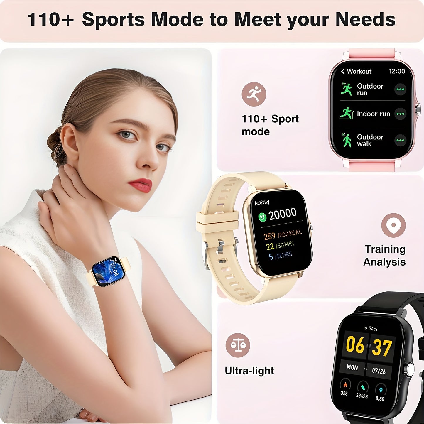 New 1.83-inch Full Touch Screen Silicone Strap Smartwatch for Men and Women, Fitness Tracker with Customizable Dial, Wireless Calling & App Connectivity, 100+ Sports Modes (Hiking, Climbing, Basketball), Remote Camera Control