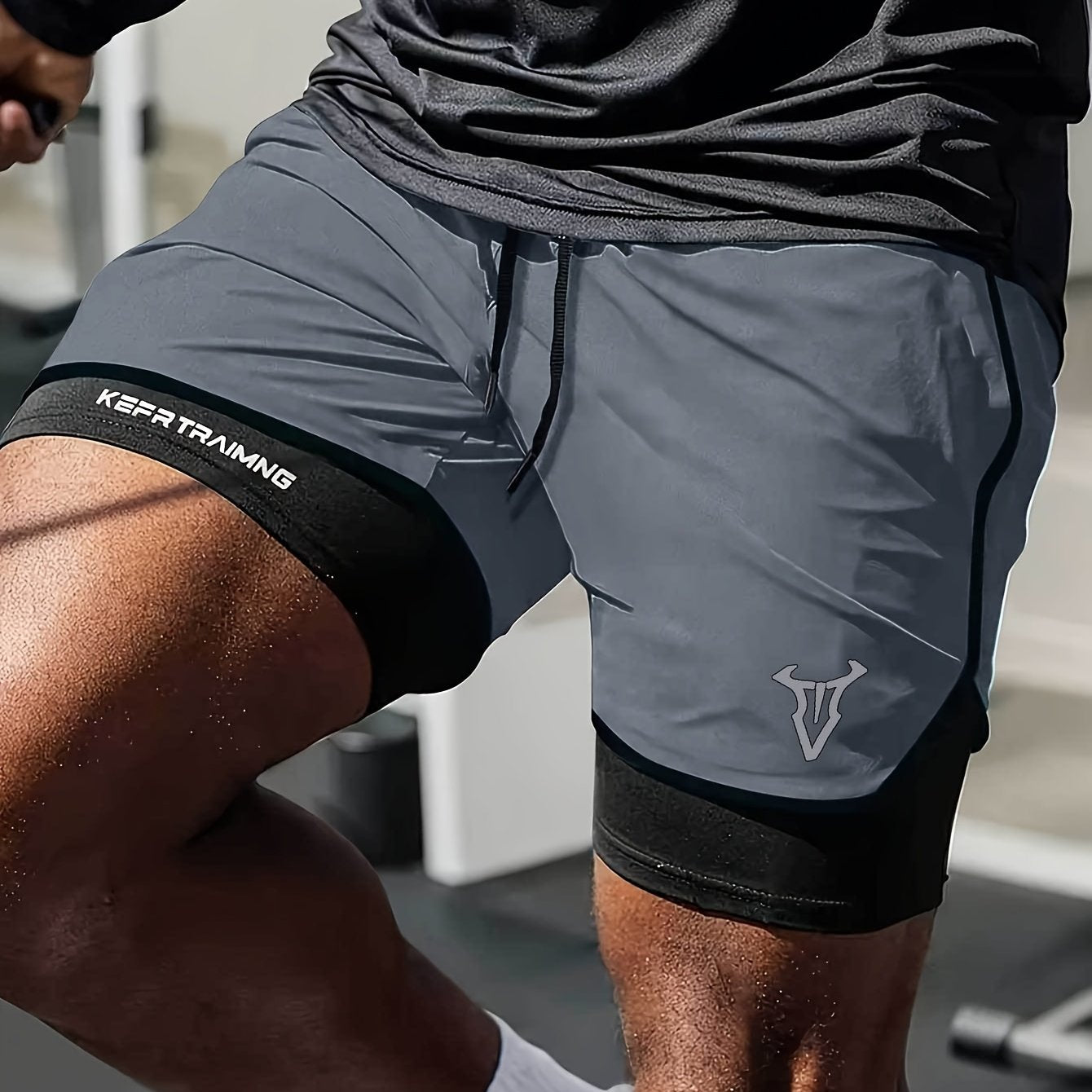 Men'S 2-in-1 Quick-Dry Breathable Athletic Shorts with Geometric Bull Head Print - Lightweight Running & Training Gear, Olive Green with Black Accents, Asymmetrical Design, Pockets, Perfect for Beach & Sports, Gym Short