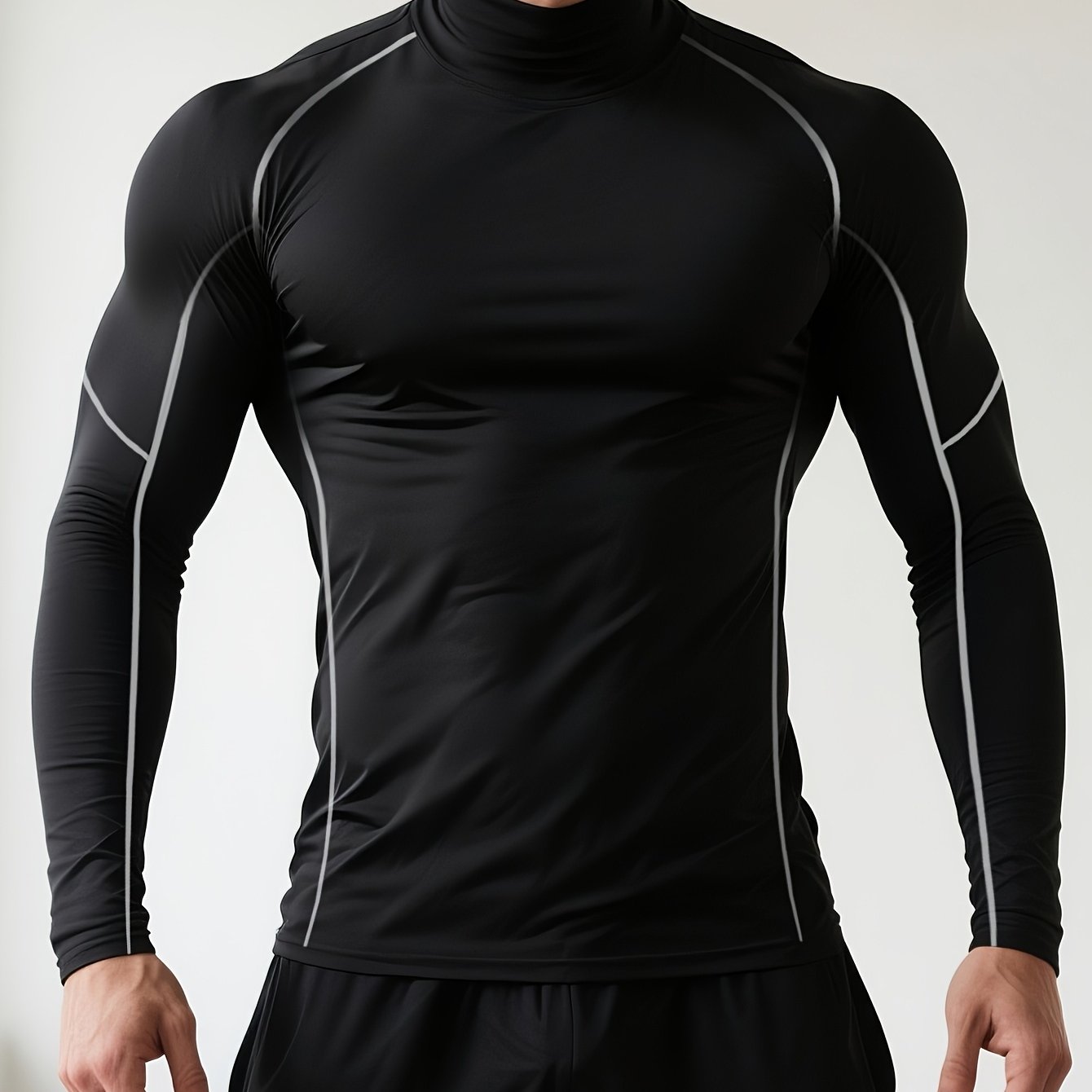 Men's Quick-Dry Stretch Fitness Shirt - High Neck Long Sleeve Workout Top, Tight-Fit Gym & Boxing Shirt for All Seasons, Moisture-Wicking Athletic Performance Apparel, Gym Clothes, Training Top, Sporty Look, Stretchy Fabric,