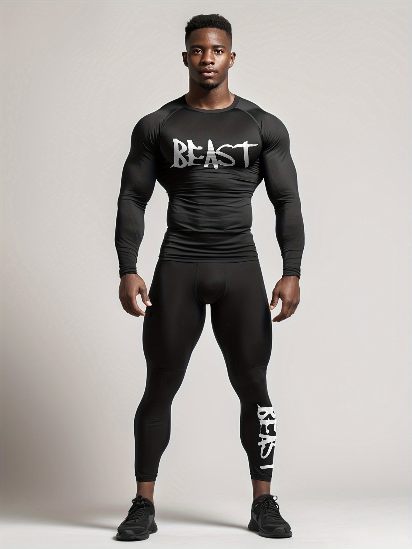2pcs Sports Fitness T-Shirt Style "BEAST" Letter Print Set Men'S Running Sports Tight And Elastic Basketball Training Outdoor