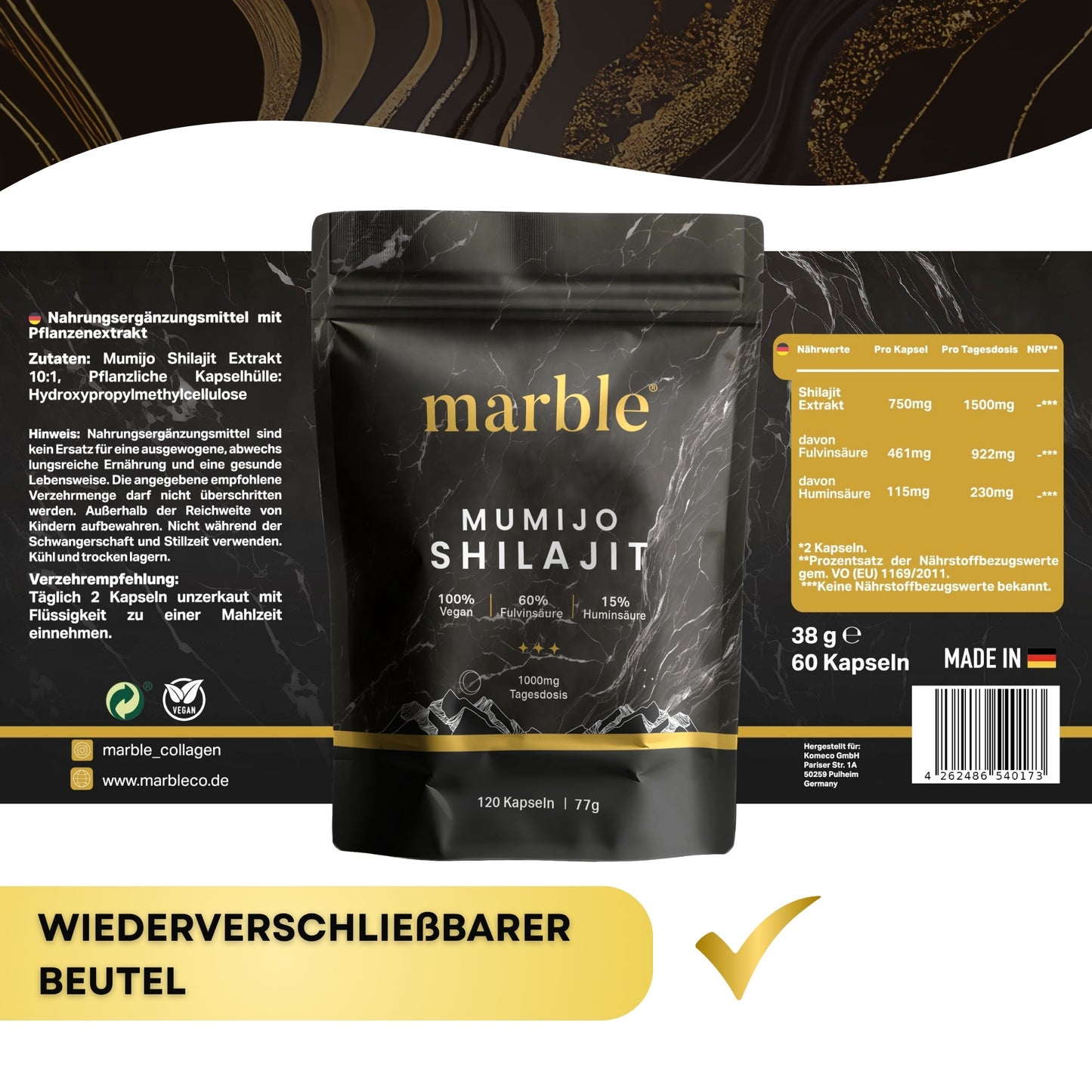 Marble® Shilajit Original Himalayan Capsules with MCT Oil - Mumijo Shilajit 120 Pieces Ultra High Dose in a Bag - 1536 mg Daily Dose Vegan - Filled & Lab Tested in Germany - Made in Germany