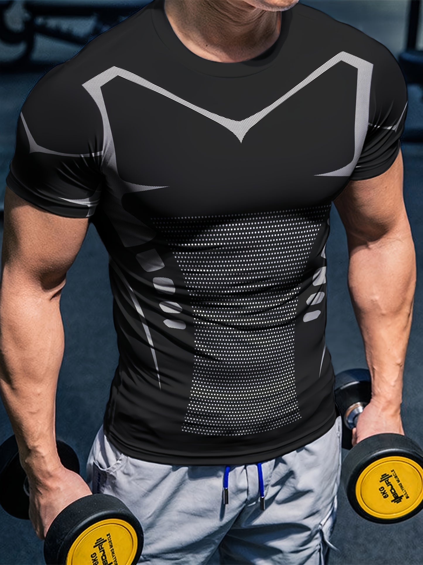 Men'S High Elasticity Quick Dry Sports T-Shirt, Geometric-Patterned Polyester Knit Fabric, Crew Neck Short Sleeve Tear Resistant Top for Running, Yoga, Hiking & Outdoor Activities - Summer Casual Fit