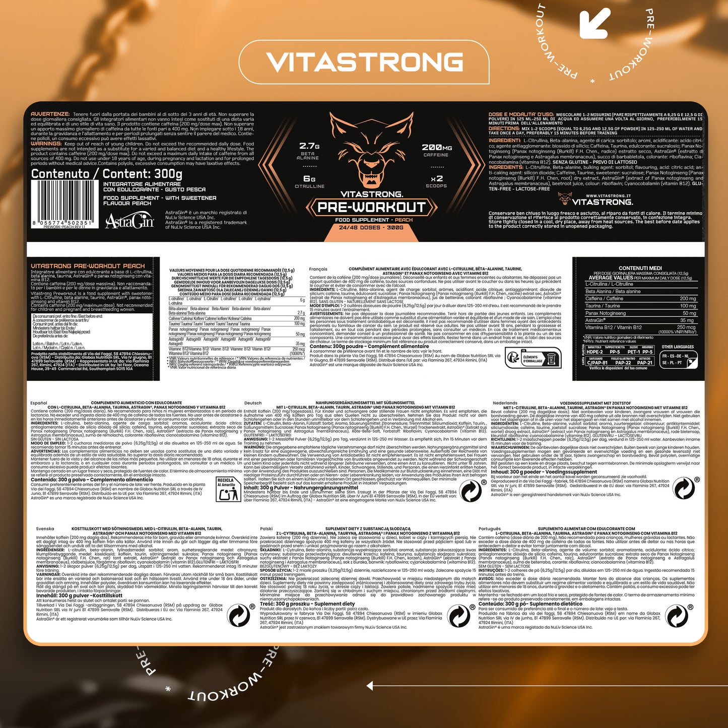 Powerful Pre-Workout Booster 300g Peach Flavor, Vegan Preworkout with Vitamin B12, Citrulline, Beta Alanine, Caffeine, Taurine, AstraGin, Vitastrong (24 Servings, 1 Pack)