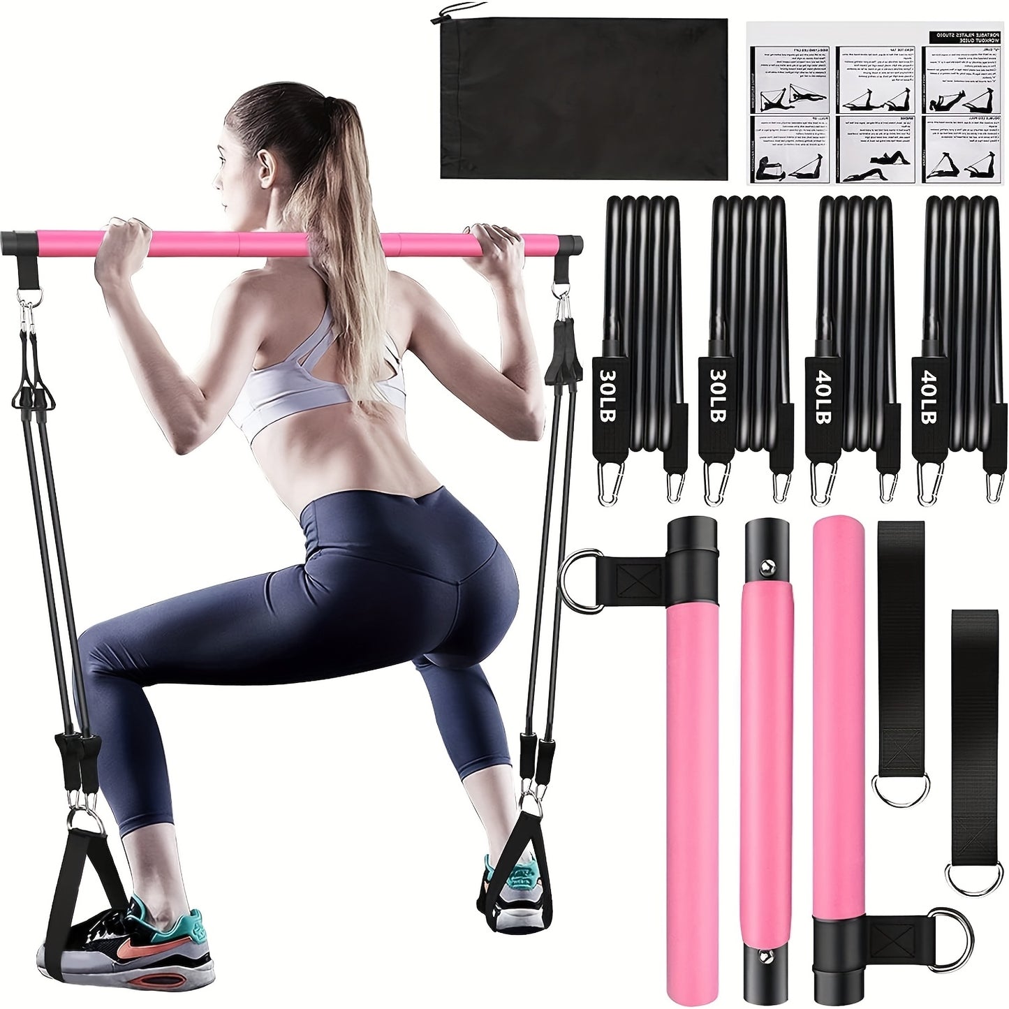 8pcs Set - Pilates Bar Kit with 4 Resistance Bands (63.5 KG) Portable Home Gym Fitness Equipment Set with Ankle Straps And Portable Drawstring Backpack for Men And Women Fitness Workout