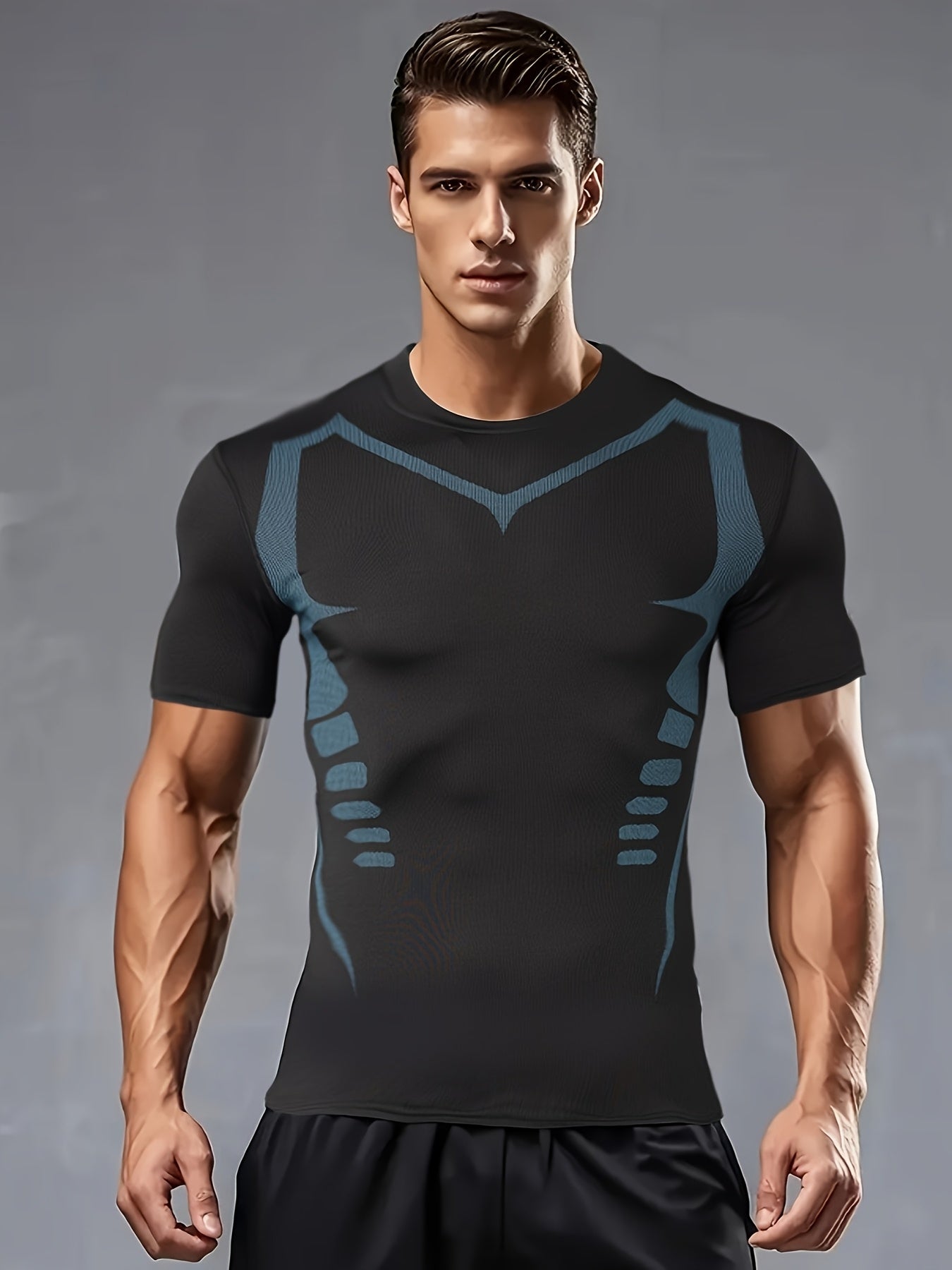 Men's Athletic Compression T-Shirt - Breathable, Stretchy & Slimming for Yoga, Cycling & Running | Solid Color with Geometric Print, Elastic, Muscle, Outdoor Sports, Single Piece