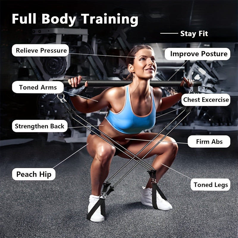 8pcs Set - Pilates Bar Kit with 4 Resistance Bands (63.5 KG) Portable Home Gym Fitness Equipment Set with Ankle Straps And Portable Drawstring Backpack for Men And Women Fitness Workout