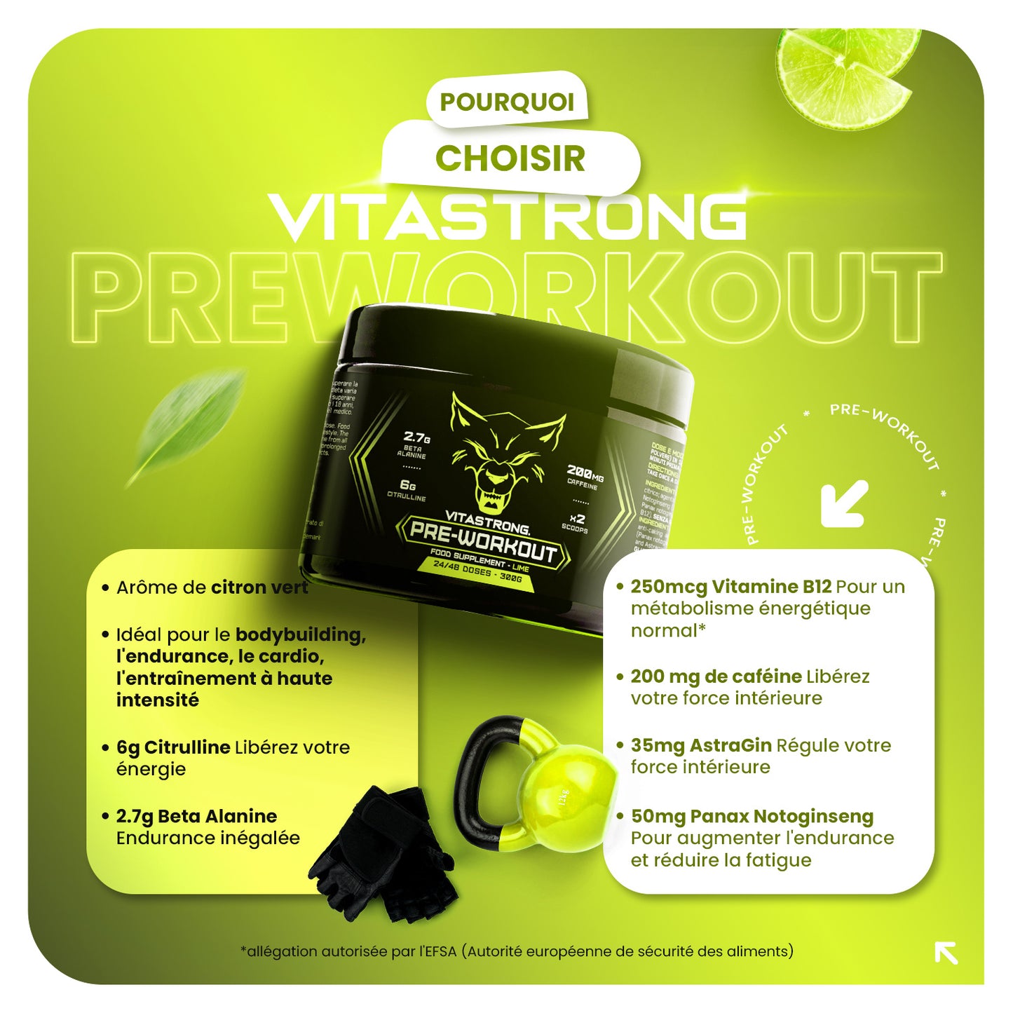 Powerful Pre-Workout Booster 300g Lime Flavor, Vegan Preworkout with Vitamin B12, Citrulline, Beta Alanine, Caffeine, Taurine, AstraGin, Vitastrong (24 Servings, 1 Pack)