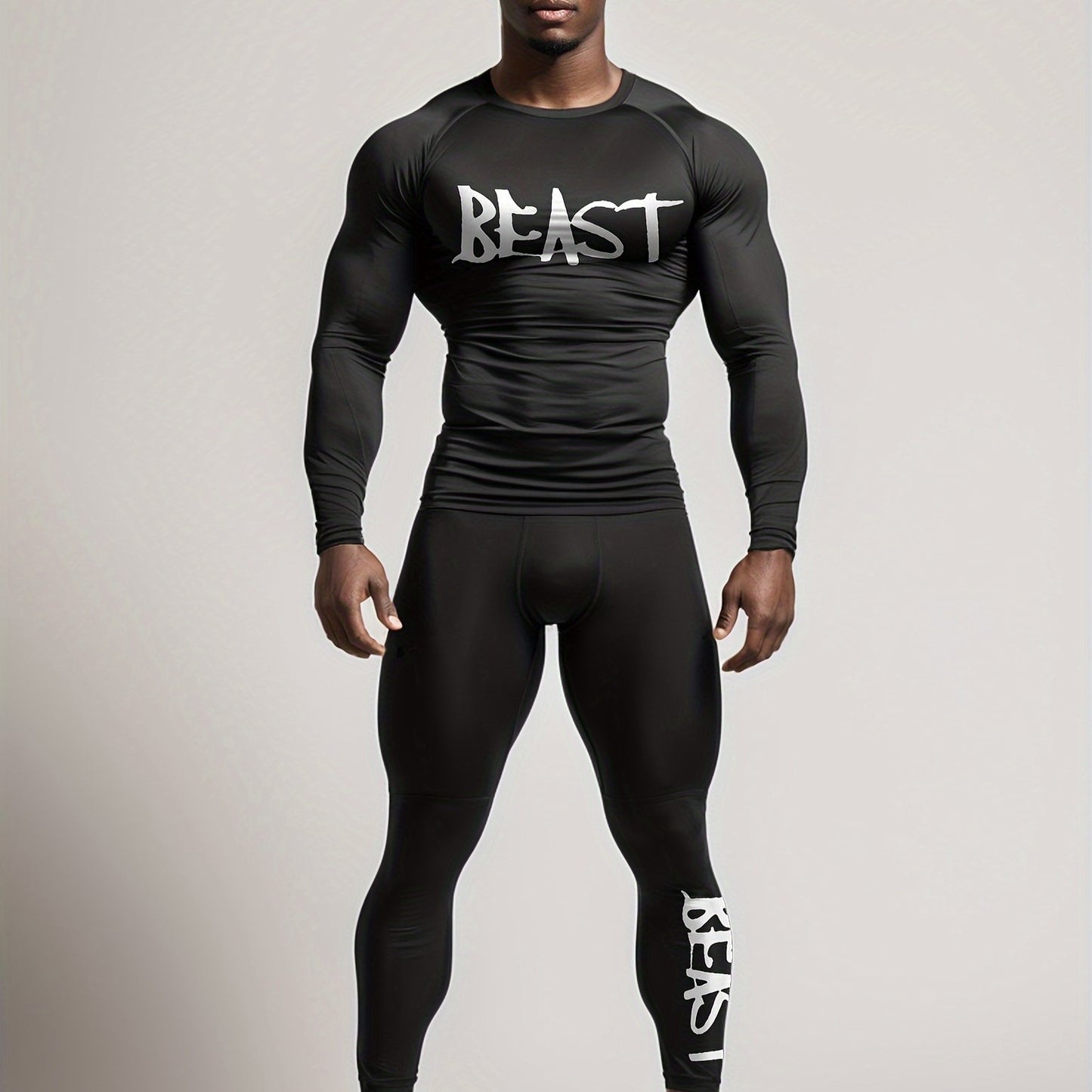 2pcs Sports Fitness T-Shirt Style "BEAST" Letter Print Set Men'S Running Sports Tight And Elastic Basketball Training Outdoor