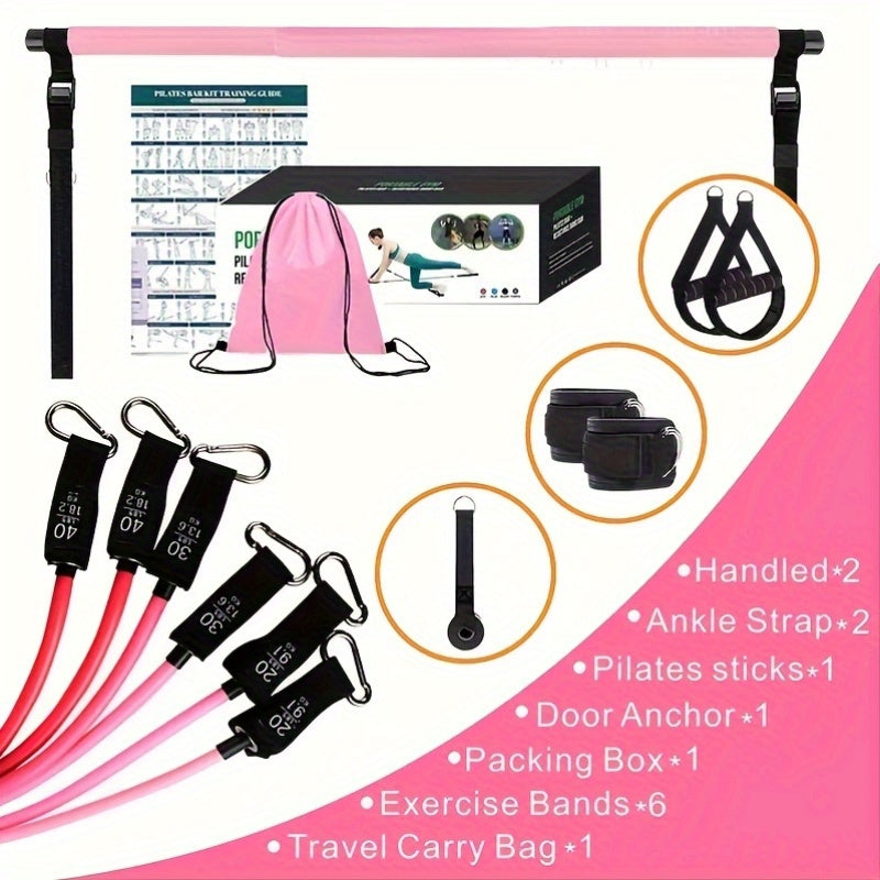 8pcs Set - Pilates Bar Kit with 4 Resistance Bands (63.5 KG) Portable Home Gym Fitness Equipment Set with Ankle Straps And Portable Drawstring Backpack for Men And Women Fitness Workout