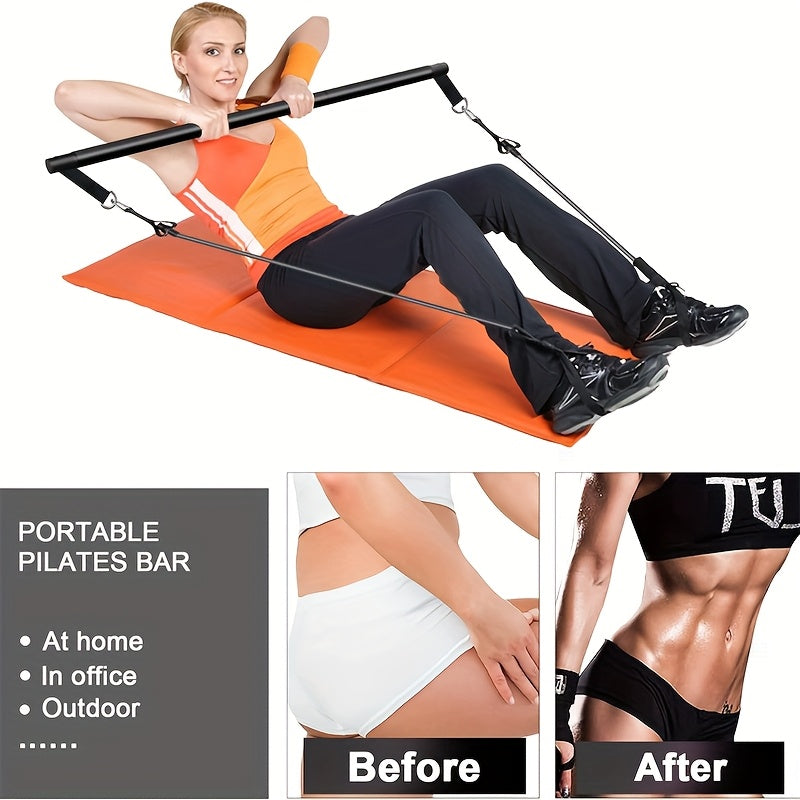 8pcs Set - Pilates Bar Kit with 4 Resistance Bands (63.5 KG) Portable Home Gym Fitness Equipment Set with Ankle Straps And Portable Drawstring Backpack for Men And Women Fitness Workout