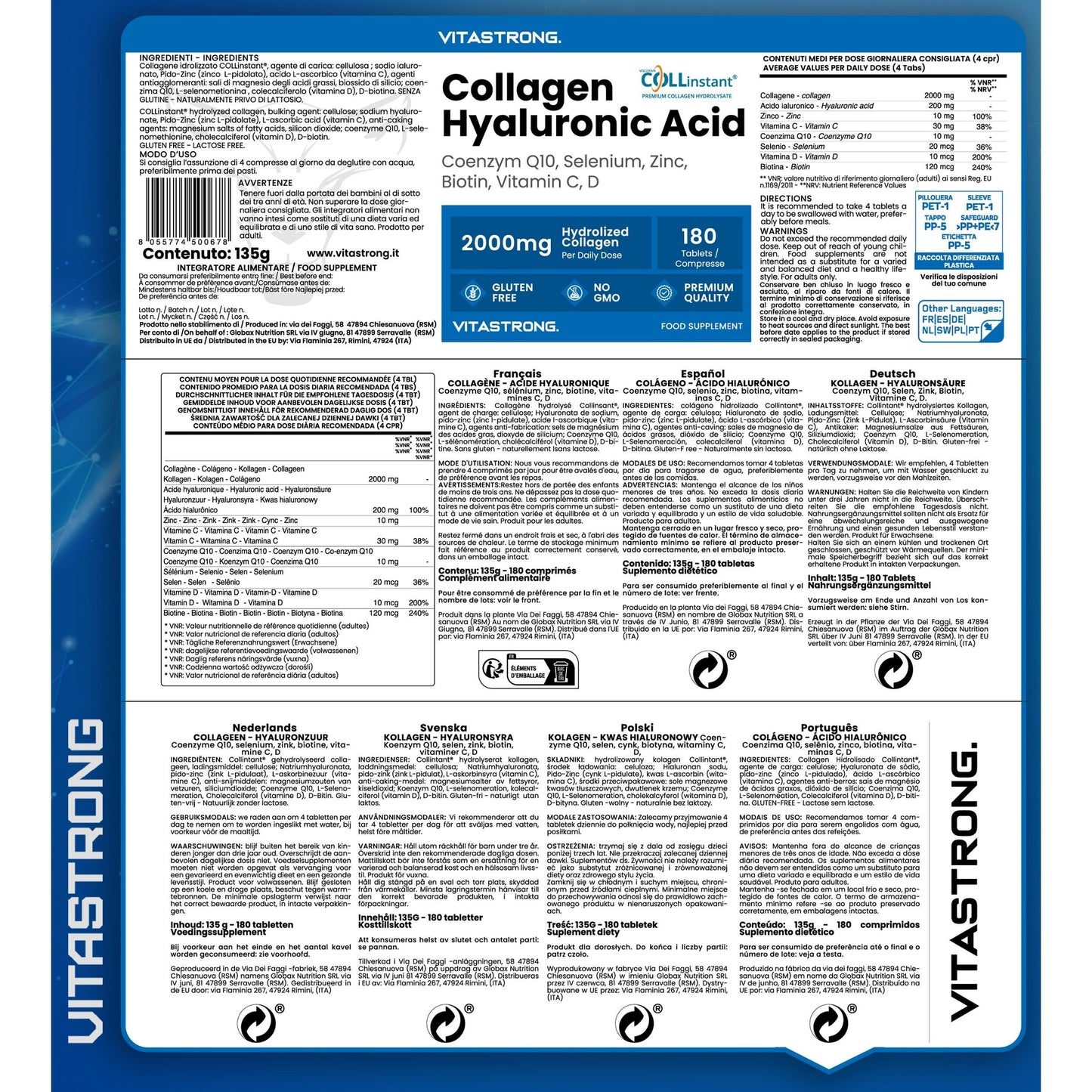 Collagen and Hyaluronic Acid 180 Tablets, Hydrolyzed Collagen 2000mg with Biotin, CoQ10, Zinc, Selenium, Vitamins C & D, Skin, Bone, and Joint Supplement