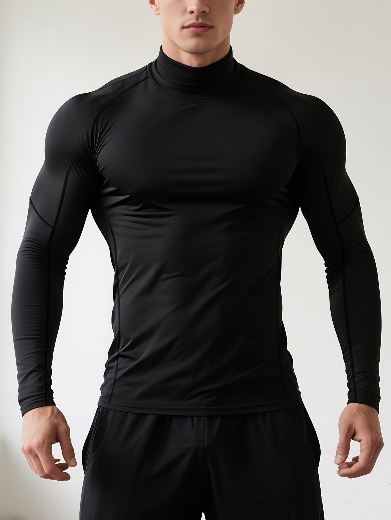 Men's Quick-Dry Stretch Fitness Shirt - High Neck Long Sleeve Workout Top, Tight-Fit Gym & Boxing Shirt for All Seasons, Moisture-Wicking Athletic Performance Apparel, Gym Clothes, Training Top, Sporty Look, Stretchy Fabric,