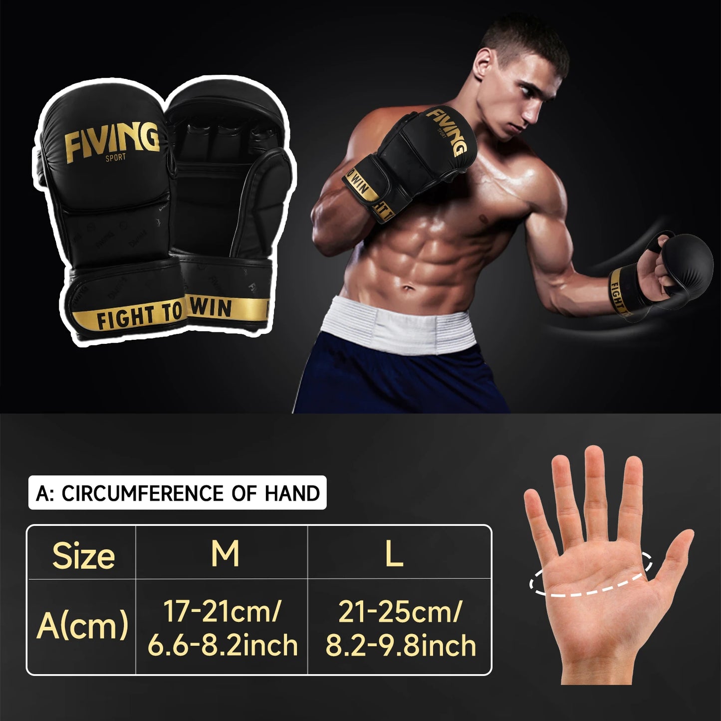 FIVING gants MMA or noir gants de boxe ouverts, arts martiaux masculins et féminins, sports de combat, MMA, boxe, Muay Thai, Taekwond