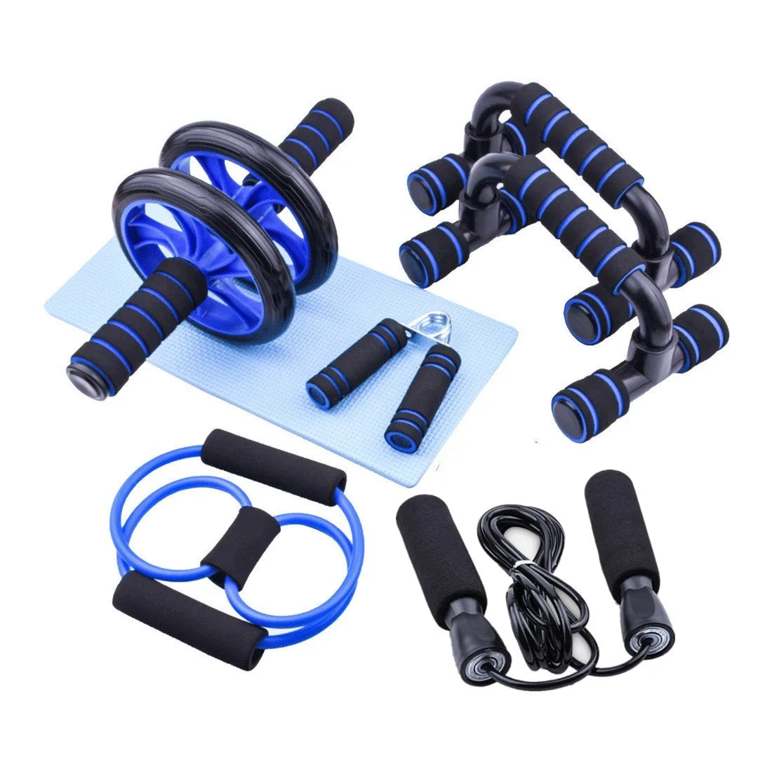 1 jeu de sept pièces de fitness, petit équipement de fitness à domicile, corde à sauter, dispositif de force de préhension, push up, roue abdominale, m