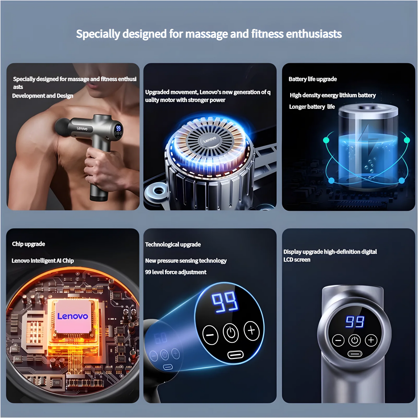 Lenovo – pistolet Fascia de marque, soulage en profondeur les douleurs musculaires, équipement de Fitness et de Relaxation, écran tactile LED, 8 têtes de Massage, cadeaux
