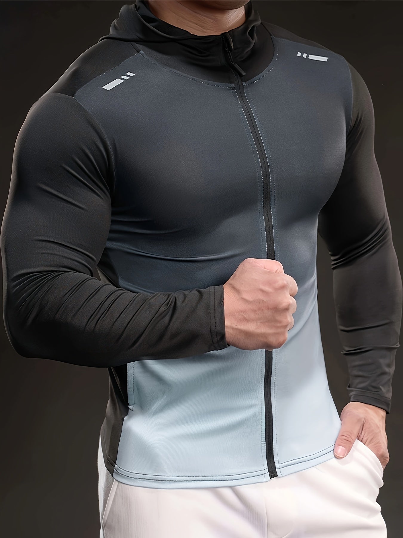 Men'S Black Ice Slicky Fiber Hoodie - Long Sleeve, High-Stretch, Zip-Up Sports Top with Zipper Pockets, Perfect for Fitness & Outdoor Activities, Outdoor Sports Top|Zippered Hoodie|Stretchy Fabric