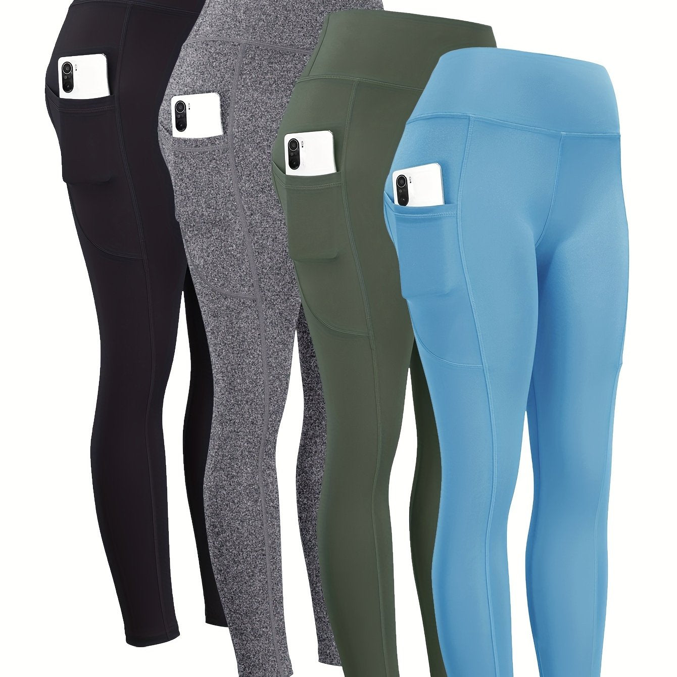 4pcs High Waist Yoga Leggings With Pocket For Women, Solid Color, Tight Fit, Women's Activewear