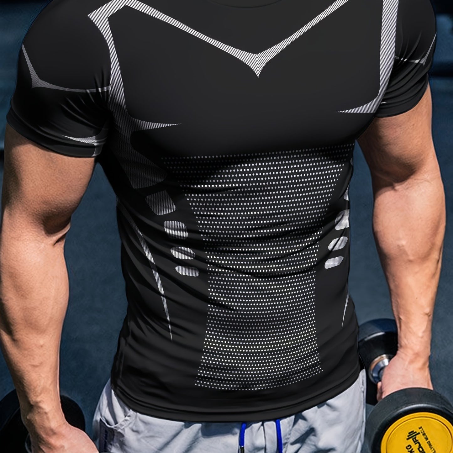 Men'S High Elasticity Quick Dry Sports T-Shirt, Geometric-Patterned Polyester Knit Fabric, Crew Neck Short Sleeve Tear Resistant Top for Running, Yoga, Hiking & Outdoor Activities - Summer Casual Fit