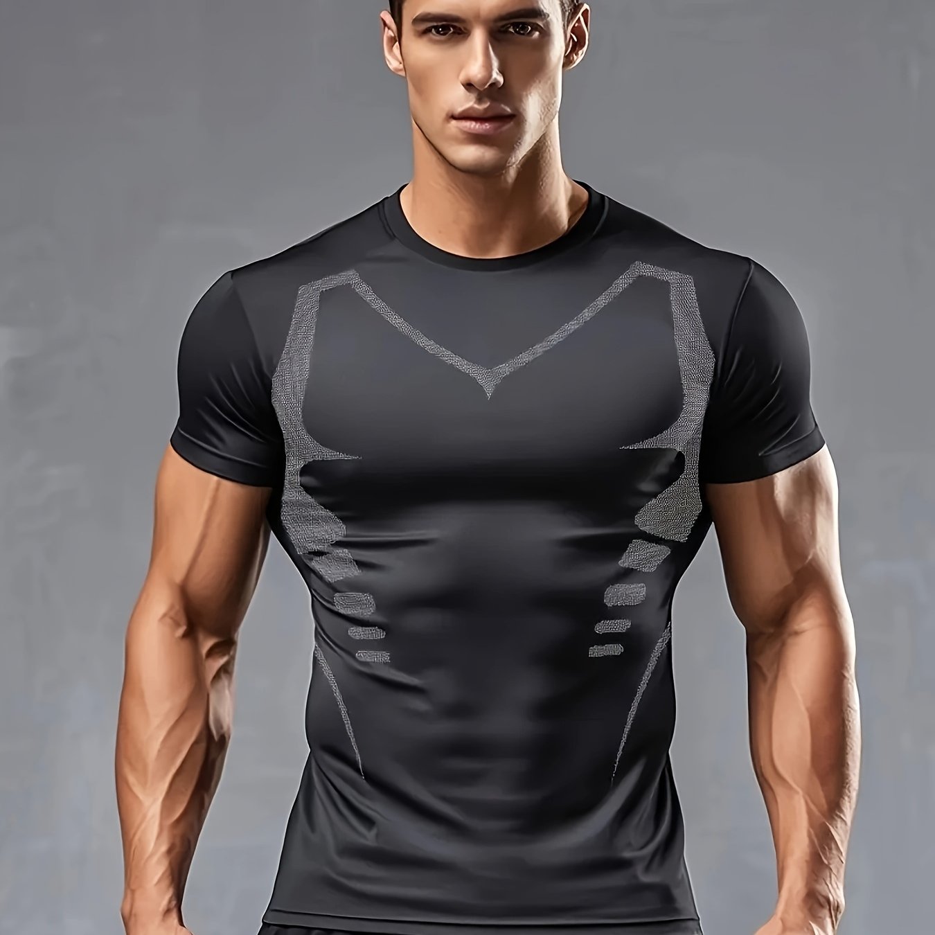 Men's Athletic Compression T-Shirt - Breathable, Stretchy & Slimming for Yoga, Cycling & Running | Solid Color with Geometric Print, Elastic, Muscle, Outdoor Sports, Single Piece