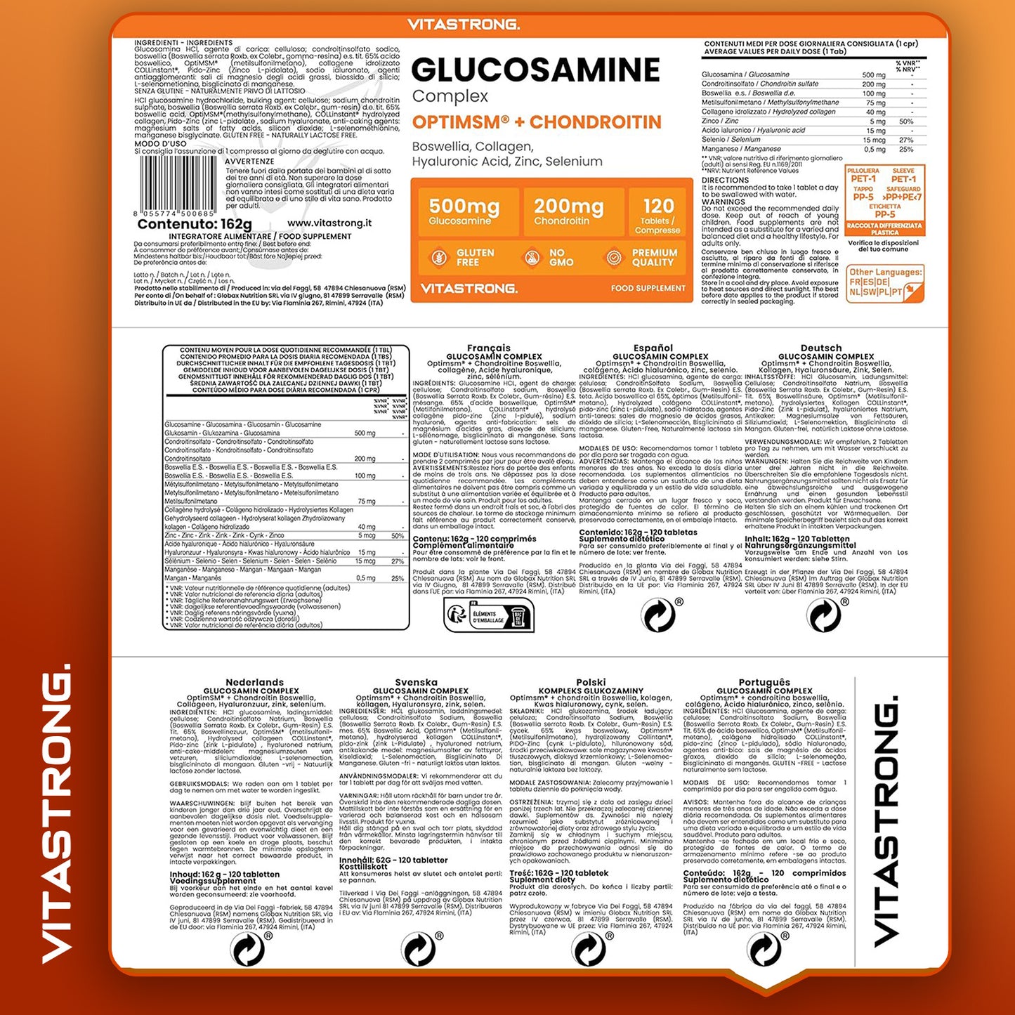 Vitastrong Glucosamine Chondroitin with MSM, Collagen, Hyaluronic Acid, Zinc, Selenium, Manganese, Boswellia for Bones, Joints, Cartilage, Premium Natural Chondroitin Glucosamine Complex