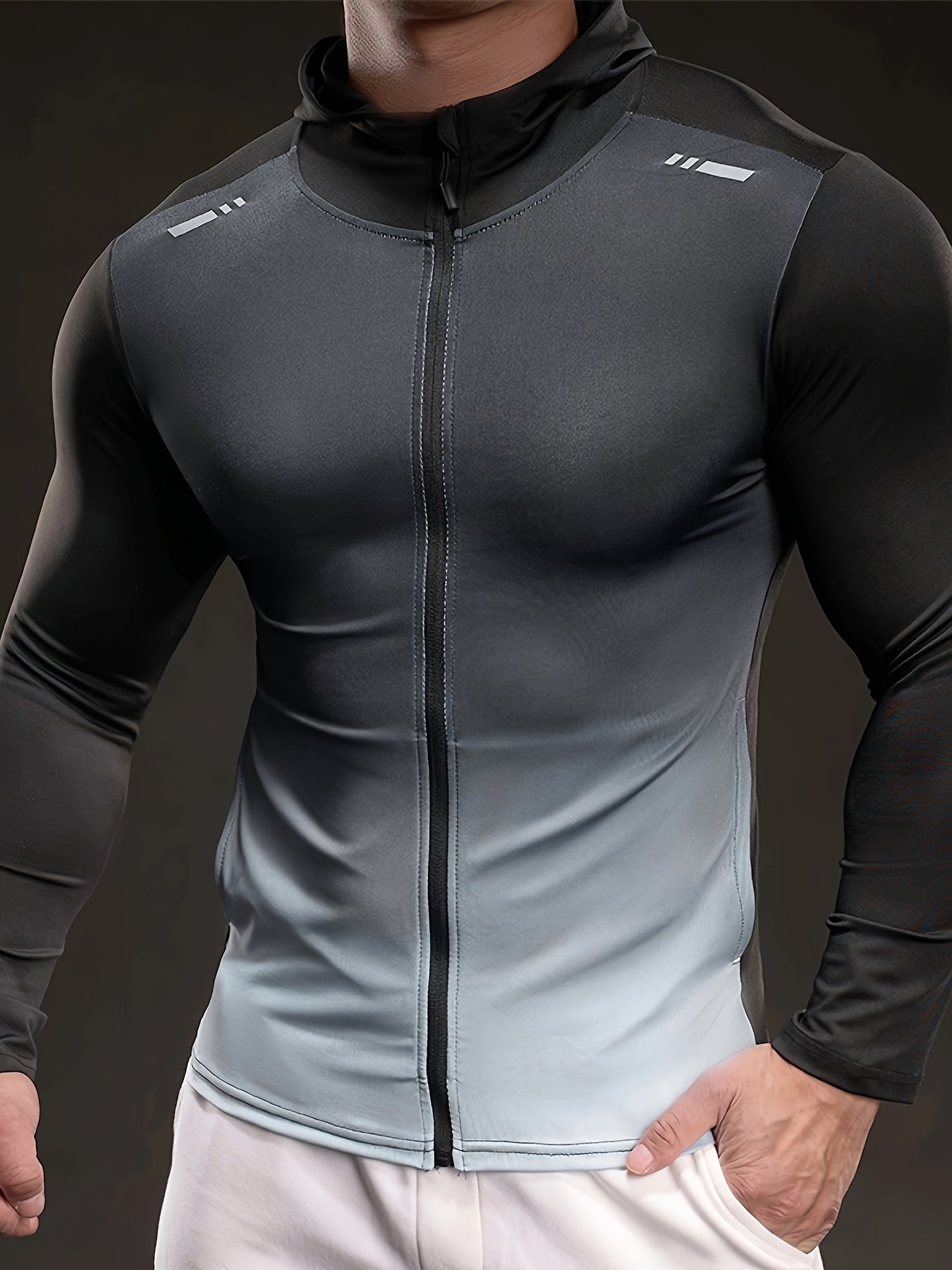 Men'S Black Ice Slicky Fiber Hoodie - Long Sleeve, High-Stretch, Zip-Up Sports Top with Zipper Pockets, Perfect for Fitness & Outdoor Activities, Outdoor Sports Top|Zippered Hoodie|Stretchy Fabric