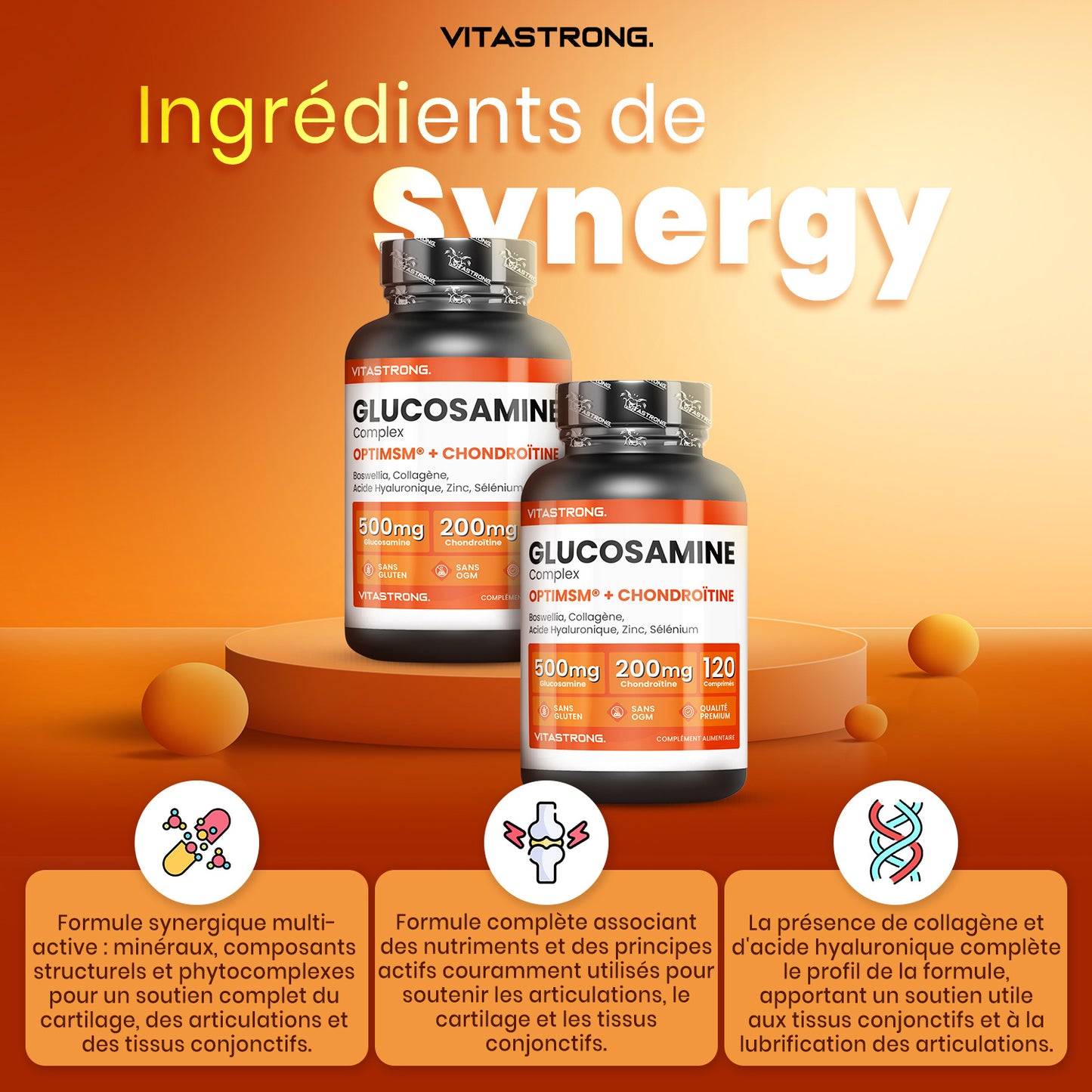 Vitastrong Glucosamine Chondroitin with MSM, Collagen, Hyaluronic Acid, Zinc, Selenium, Manganese, Boswellia for Bones, Joints, Cartilage, Premium Natural Chondroitin Glucosamine Complex
