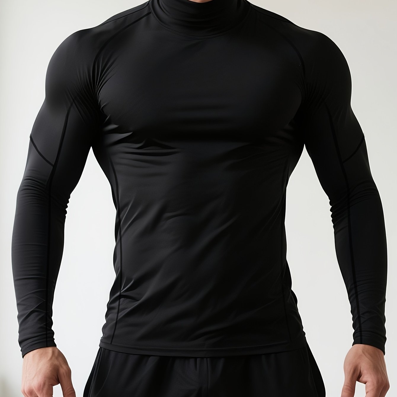 Men's Quick-Dry Stretch Fitness Shirt - High Neck Long Sleeve Workout Top, Tight-Fit Gym & Boxing Shirt for All Seasons, Moisture-Wicking Athletic Performance Apparel, Gym Clothes, Training Top, Sporty Look, Stretchy Fabric,