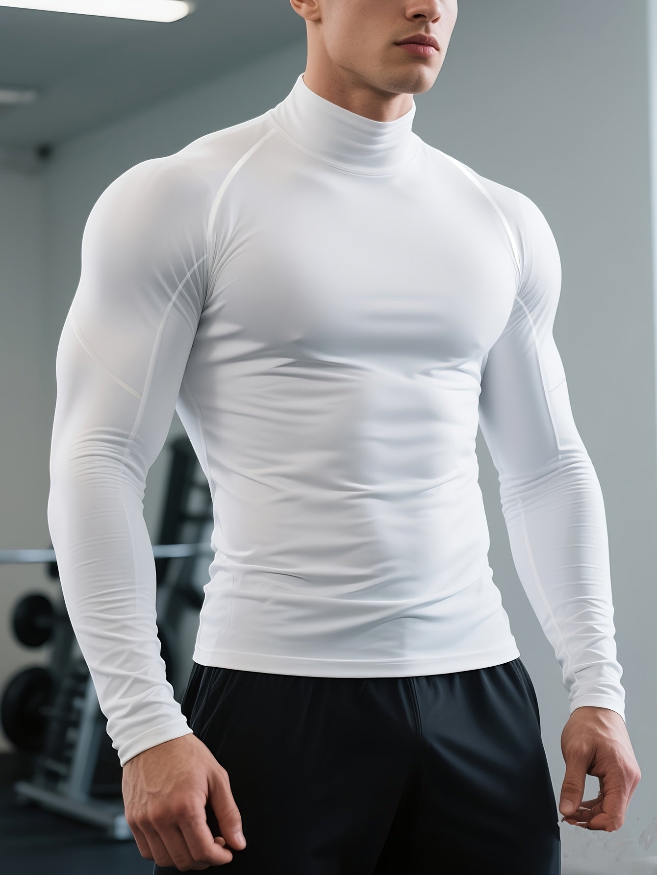 Men's Quick-Dry Stretch Fitness Shirt - High Neck Long Sleeve Workout Top, Tight-Fit Gym & Boxing Shirt for All Seasons, Moisture-Wicking Athletic Performance Apparel, Gym Clothes, Training Top, Sporty Look, Stretchy Fabric,