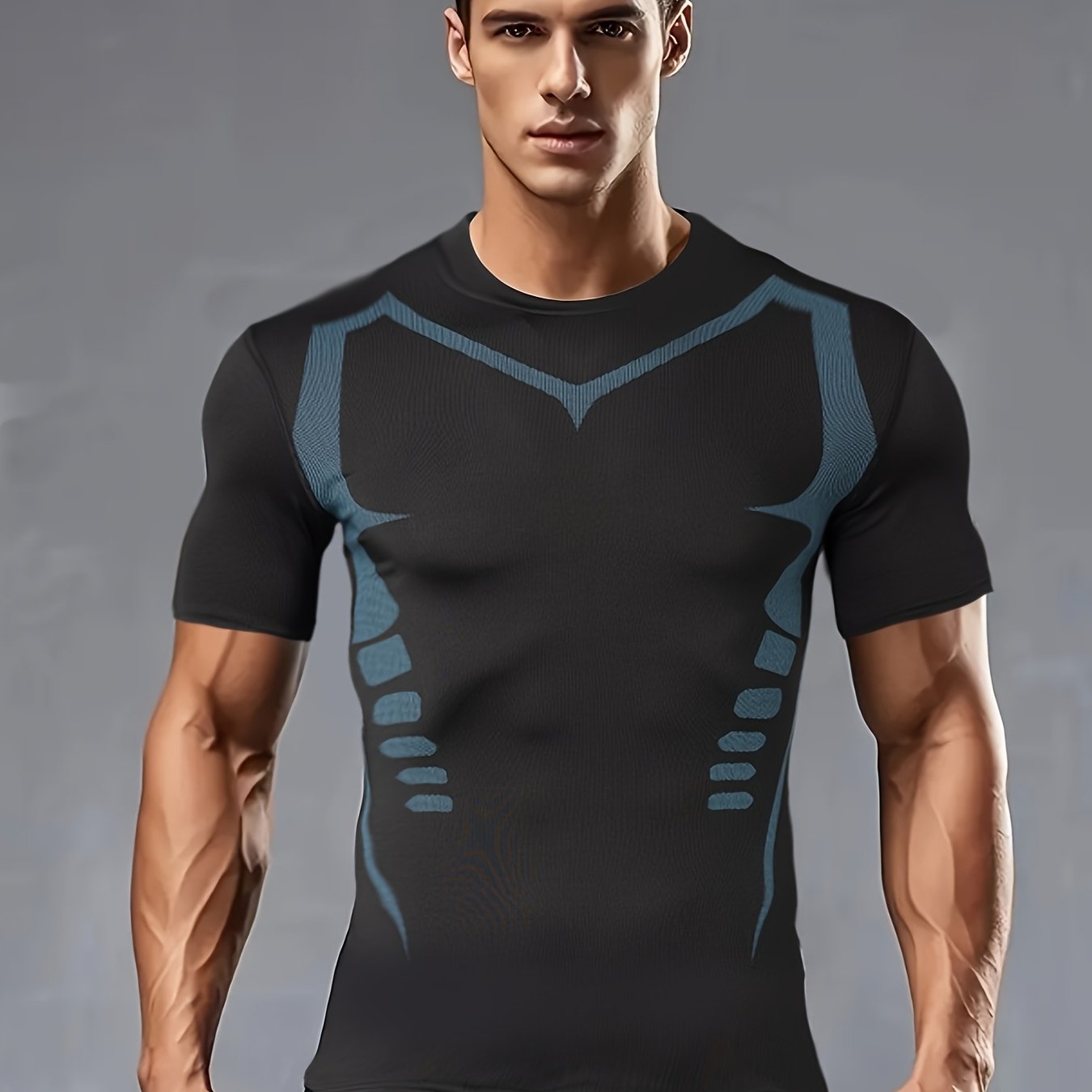 Men's Athletic Compression T-Shirt - Breathable, Stretchy & Slimming for Yoga, Cycling & Running | Solid Color with Geometric Print, Elastic, Muscle, Outdoor Sports, Single Piece