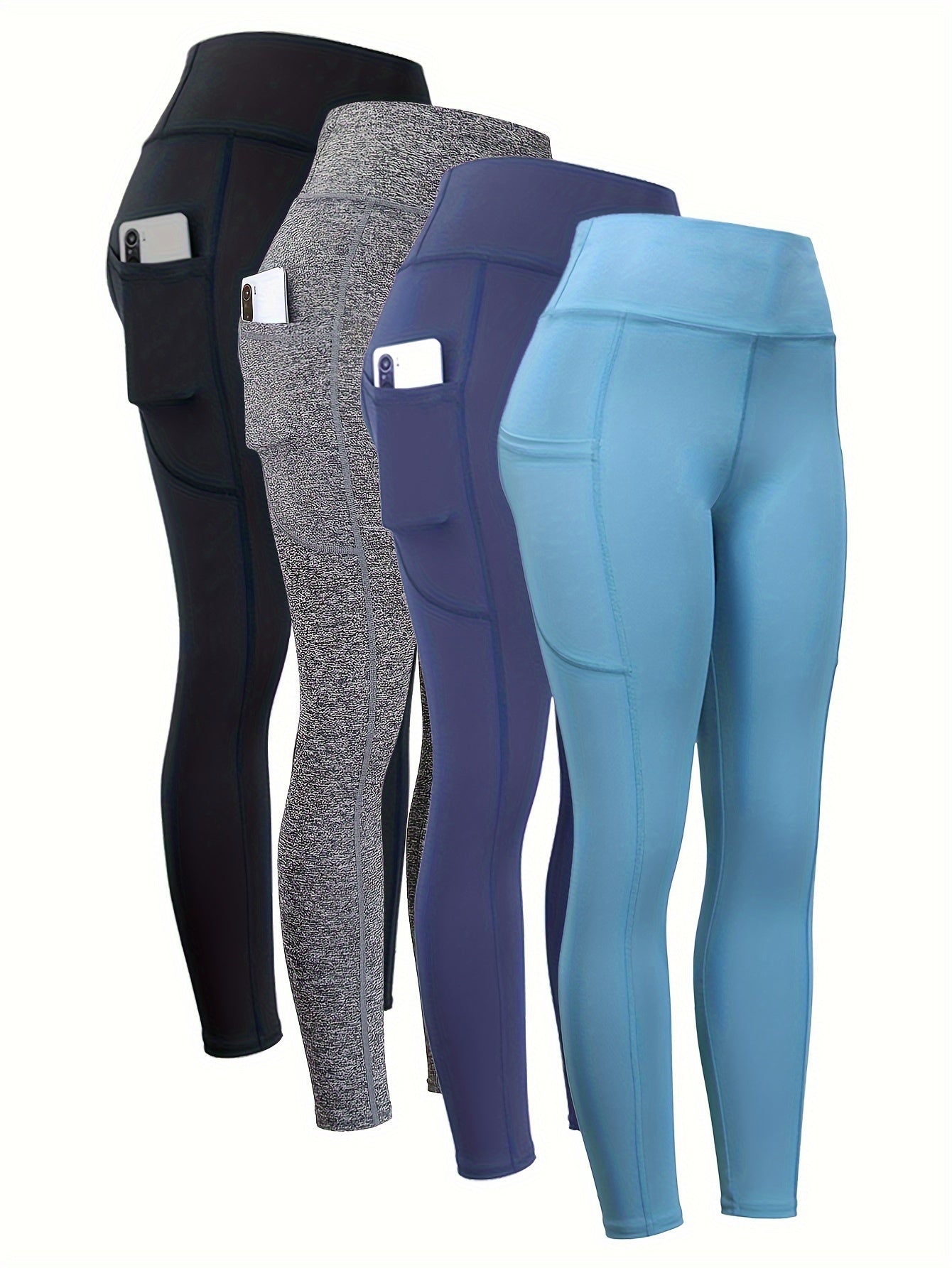 4pcs High Waist Yoga Leggings With Pocket For Women, Solid Color, Tight Fit, Women's Activewear